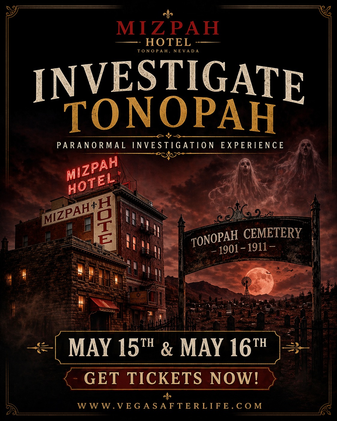 The investigation doesn’t end when the night does… 👀
Turn your experience into a full getaway with exclusive room blocks at the historic Mizpah Hotel—just steps from the action. Stay where the stories live, unwind in timeless comfort, and make the most of your time in Tonopah.
🎟️ Tickets are going fast for Investigate Tonopah
📅 May 15th & 16th
🛏️ Book your stay + secure your spot before it’s gone
Don’t just attend… immerse yourself.
#MizpahHotel #InvestigateTonopah #ParanormalExperience #TonopahNevada #NevadaEvents #HistoricStay #DesertGetaway #TravelNevada #BookNow #GhostTownAdventures