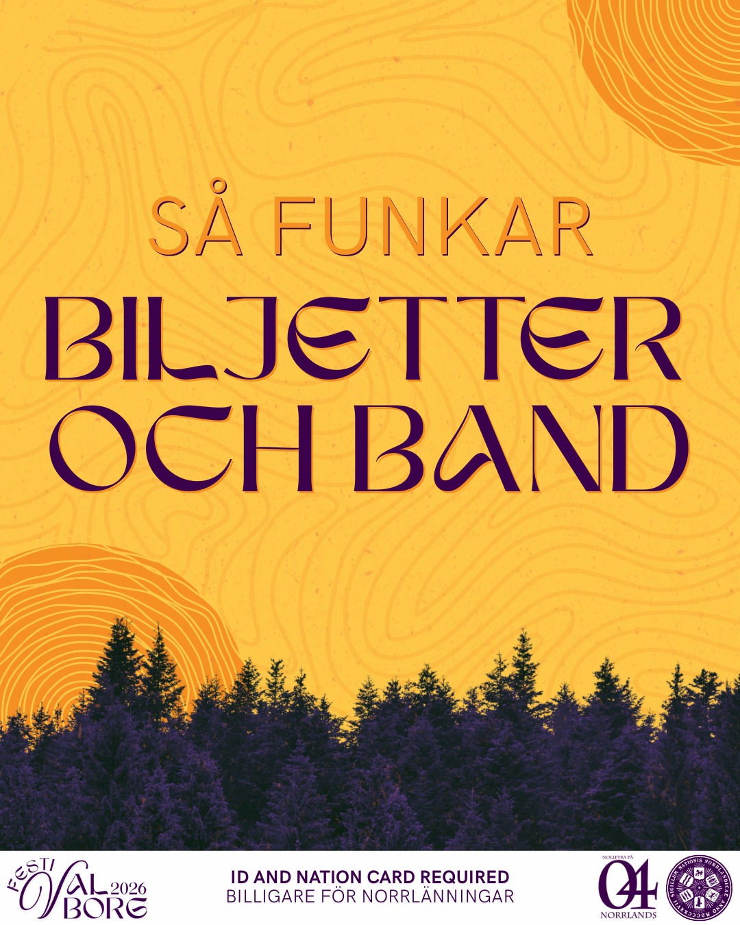 🌄 INFO OM FESTIVALBAND, 1-DAGSBILJETTER OCH KÖP I DÖRREN! 🌄
🌄 FESTIVALBAND (flerdagsbiljett):
Festivalbanden gäller samtliga dagar och bryter kön fram till kl. 22:00 alla kvällar. Efter 22:00 fungerar banden som betalning i dörren.
🌄 HÄMTA UT FESTIVALBAND:
Det nu går att hämta ut banden i kansliet under dess öppettider. Om du inte hinner hämta ut ditt festivalband kommer du kunna byta din biljett mot ett band i dörren samtliga dagar.
🌄 1-DAGSBILJETT:
Bryter kön fram till kl. 22:00 den dagen biljetten gäller och fungerar därefter som betalning. I entrén lämnar du in din biljett, du får alltså inget band. Om du lämnar festivalområdet måste du köa in igen och betala inträde på nytt.
🌄 KÖPA DIG IN I DÖRREN:
Det går att köa och betala entré i dörren under ALLA Festivalborgsdagar. Du får inte ett band, så om du lämnar festivalområdet behöver du köa och köpa in dig på nytt.
Under samtliga dagar finns även möjlighet att betala via Swish. Skvalborg och Kvalborg tar vi emot kort och kontanter. Valborg ta vi emot kontanter.
___
🌄 FESTIVALBORG BAND:
The Festivalborg bracelet skips the queue until 22:00 every night (28-30/4). After 22:00, the ticket works as payment when you enter.
🌄 PICKING UP YOUR BRACELET:
From today, you are able to change your ticket for a bracelet in the nation's reception (kansli) during its opening hours. If you have not yet picket up you Festivalborg bracelet, you will be able to pick it up by exchanging your ticket for a band at the entrance every day.
🌄 1-DAY TICKETS:
Skips the queue until 22:00 on the day the ticket is valid, and after 22:00 serves as payment. You hand in your ticket at the entrance, which means you won't get a bracelet. If you exit the festival area, you will have to queue and pay admission again.
🌄 PURCHASE ENTRY THE SAME DAY:
You can queue and purchase entry at the entrance on ALL Festivalborg days. You won't get a bracelet, so if you leave the festival area you need to queue and pay you way back in.
During Skvalborg and Kvalborg, you will be able to pay with cash and card, and during Valborg, with cash. During ALL days (28-30/4), you will aslo be able to pay via Swish.
