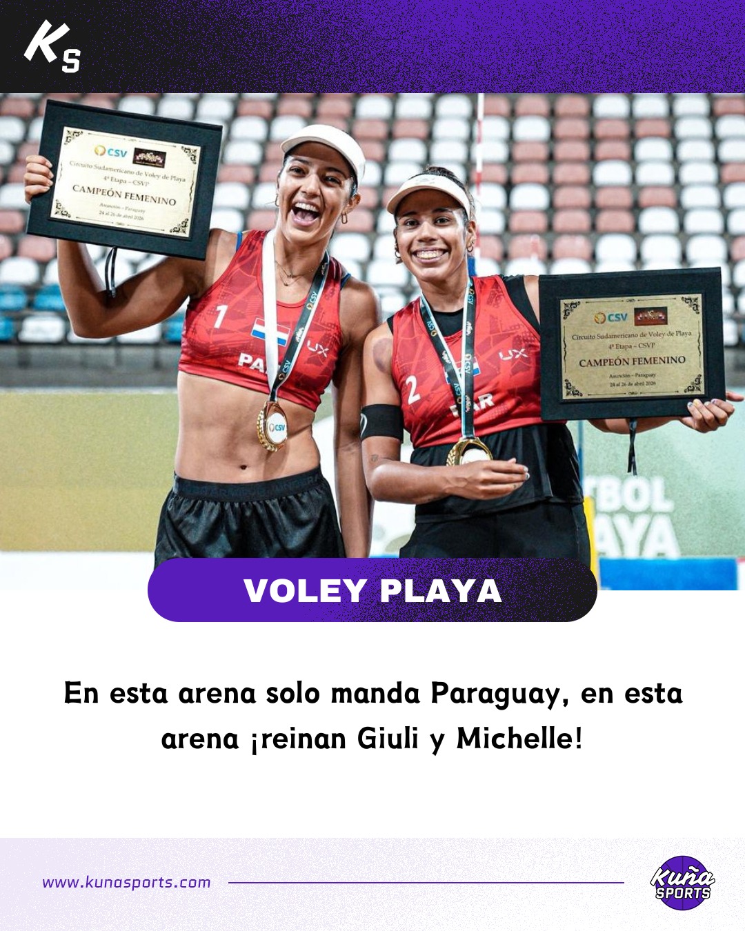 ¡Una vez más campeonas!😎
👸🏻Michelle Valiente y Giuliana Poletti defendieron con absoluta solvencia la corona femenina en el estadio Los Pynandí.
🏟️La arena de este escenario solo conoce de festejo guaraní en los últimos años. Y si en 2025 fueron Denisse y Fio, esta vez le tocó a Michelle y Giuli.
🥇La dupla que arrancó la temporada 2026 del Circuito Sudamericano de Vóley Playa ganando en Chile y en la 3ª Etapa volvió al podio con un tercer puesto, esta vez conquistó de vuelta el primer lugar.
✅En la gran final vencieron a las brasileñas Simonetti y Kyce por 2-0 (21-13 y 21-12).
🇵🇾La próxima cita es la la Gran Final en Iquique, donde el Team Paraguay llega como gran favorito tanto en femenino como en masculino.
👏🏻¡Felicitaciones campeonas!
📸 @voleysur.
#KuñaSports💜