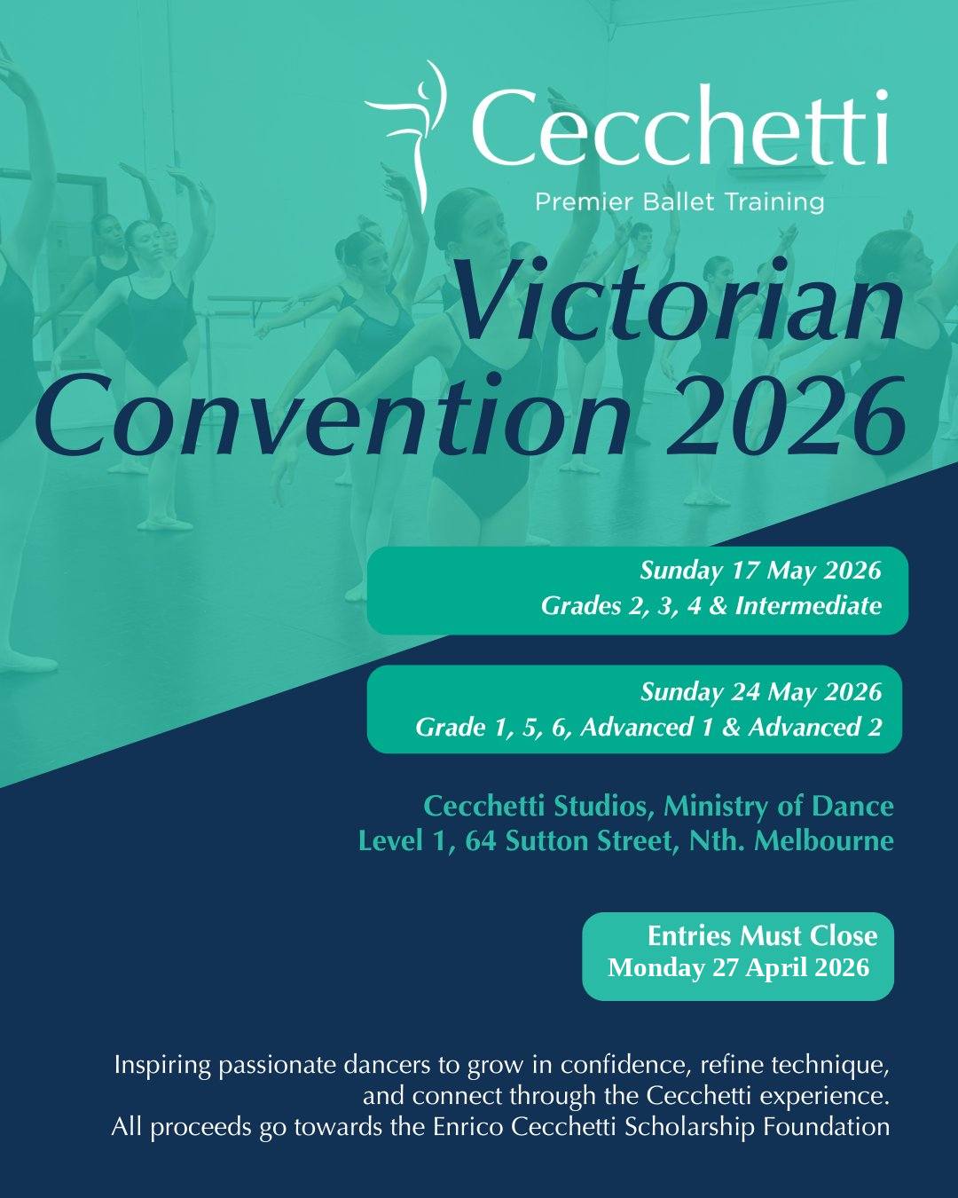✨ Victorian Convention 2026 ✨
Cecchetti Ballet Australia (Victoria) invites students and teachers to join us for our 2026 Victorian Convention across two inspiring Sundays of classes, coaching and shared learning.
🗓 Sunday 17 May 2026
Grades 2, 3, 4 & Intermediate
🗓 Sunday 24 May 2026
Grade 1, 5, 6, Advanced 1 & Advanced 2
📍 Location
Cecchetti Studios, Ministry of Dance
Level 1, 64 Sutton Street, North Melbourne
📌 Entries close Monday 27 April 2026
📲 Bookings via TryBooking: https://www.trybooking.com/DJUQS
All proceeds support the Enrico Cecchetti Scholarship Foundation.
#CecchettiVictoria #CecchettiBallet #VictorianConvention2026