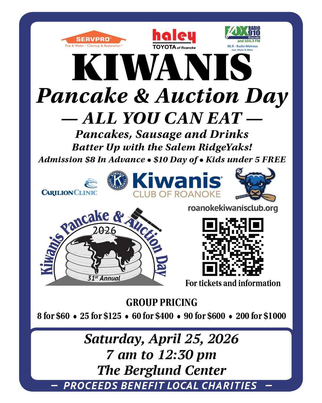 Announcing the Kiwanis Club of Roanoke’s Pancake and Auction Day this Saturday at the Burgland Center! We are one the benefitting charities. ❤️🥞
Kiwanis Club of Roanoke Virginia
#pancakeday
Berglund Center
#roanokeva