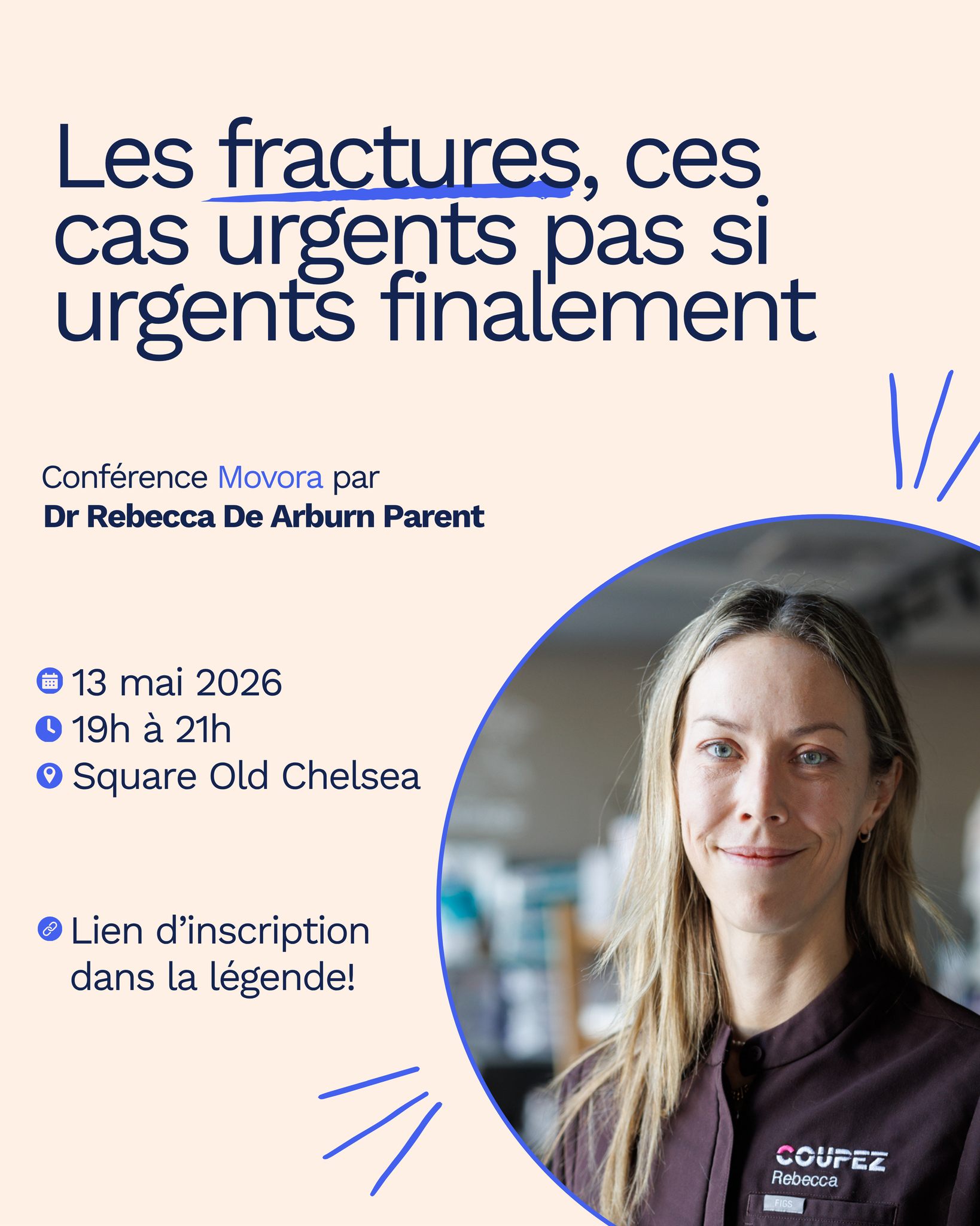 Assitez à la conférence de Dr Rebecca le 13 mai prochain en Outaouais:
Les fractures, ces cas urgents pas si urgents finalement. 🦴
📍Lieu: Square Old Chelsea
🕦 Heure: 19h à 21h
🔗 Lien d'inscription: https://education.movora.com/visitor_catalog_class/show/2309819?title=Les-Fractures-ces-cas-urgents-pas-si-urgents-finalement
🔑 Code d'accès: OQQQ-EYHF
À bientôt!
