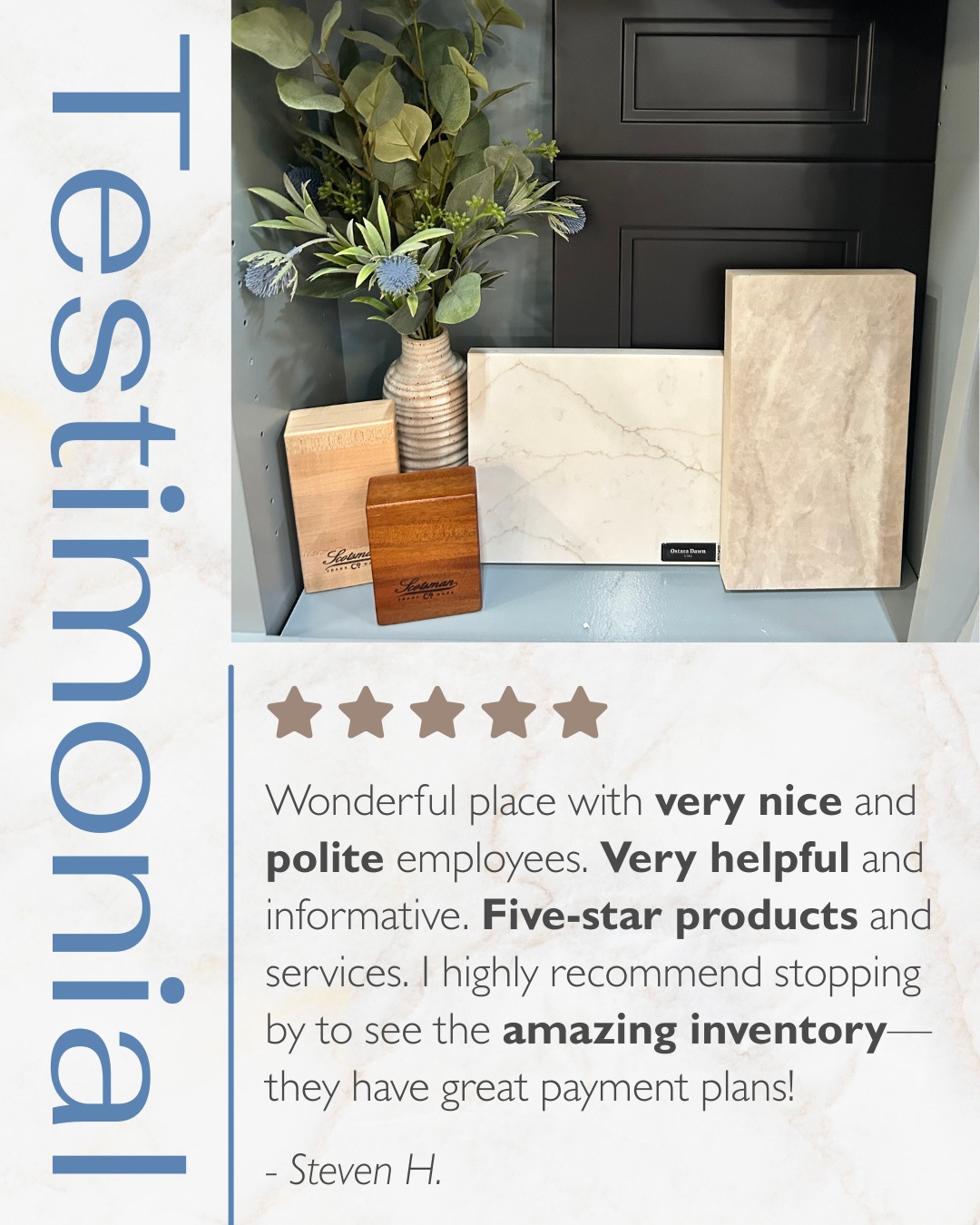 From helpful, knowledgeable service to high-quality products and flexible payment options, our goal is to make your entire experience easy and enjoyable.
Share your experience with our team: bit.ly/PremierCountersReview
📞 662.823.8824
📍2341 Graham Dr, Tupelo, MS
-
#PremierCountertops #MyTupelo #NorthMississippi #MississippiConstruction #BuildMississippi #FindYourTupelo #CommercialCountertops #LuxuryCountertops #ResidentialCountertops #PremierCountertopsMS #ClientTestimonial #FiveStarService #CountertopExperts #KitchenInspo #BathroomDesign