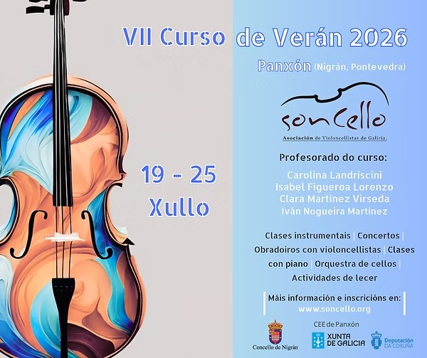 🎻✨ Xa está aquí o VII Curso de Verán Soncello!
Este verán volve unha das citas máis especiais para amantes do violoncelo: o *VII Curso de Verán Soncello**, que terá lugar en *Panxón (Nigrán)**, unha contorna privilexiada xunto ao mar onde música e natureza únense para crear unha experiencia única.
Durante unha semana, o alumnado desfrutará de:
🎶 Clases individuais e colectivas
🎹 Traballo con pianista acompañante
🎻 Música de conxunto e orquestra de violoncelos
💬 Talleres, charlas e actividades complementarias
🌅 Concertos abertos ao público
Todo iso nun ambiente próximo, inspirador e pensado para crecer musical e persoalmente, compartindo a paixón polo violoncelo con estudantes de distintos niveis. Como en edicións anteriores, será unha experiencia intensiva que combina formación, convivencia e desfrute nunha contorna incomparable.
📍 Panxón (Nigrán, Galicia)
📅 19-25 Xullo de 2026
⚠️ Prazas limitadas
Se queres vivir unha semana onde a música soa a mar, este é o teu lugar.
👉 Máis información e inscricións:
www.soncello.org/viicursodeverano2026
#Soncello #CursoDeVerano #Violoncelo #Cello #Música #Nigrán #Panxón #CursosDeMúsica
@culturadadeputaciondacoruna