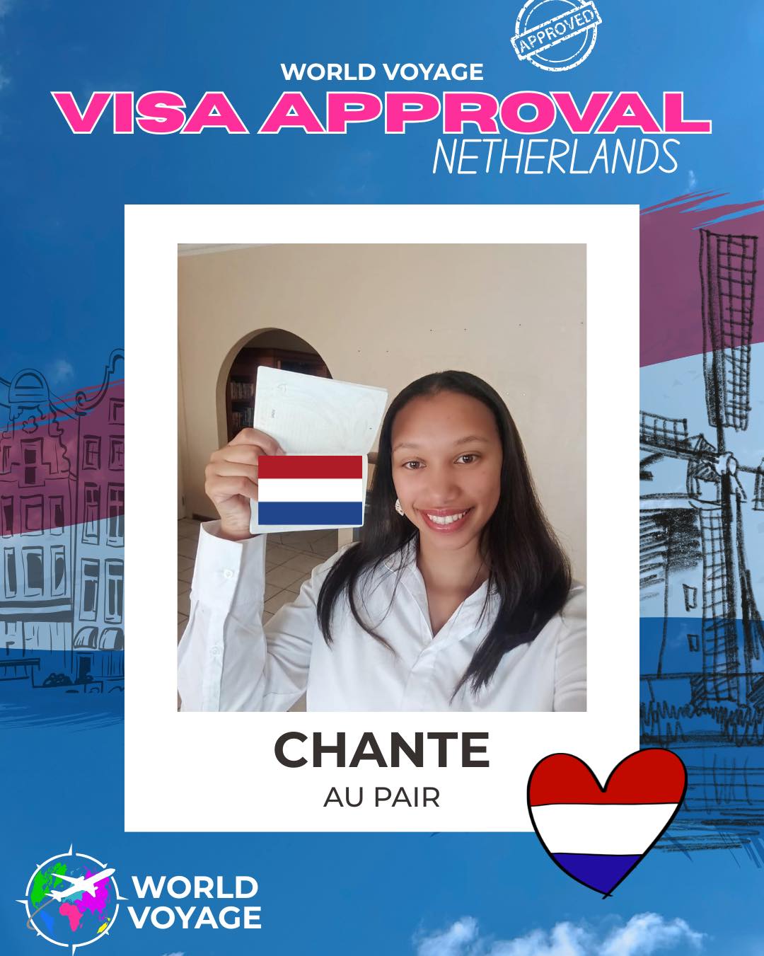 Chanté’s visa has officially been approved and she’s off to the Netherlands 🇳🇱✈️
With the support of the World Voyage team, all the planning, patience, and paperwork have led to this moment where her dream becomes a reality!
Congratulations Chanté 🥳 we’re excited to see you grow and become who you’re meant to be. 🤩
Thank you for choosing us to be a part of your Dutch dream! ✨❤️🤍💙✈️
#DutchDream #WorldVoyage #AuPairLife #CulturalExchange #NewBeginnings