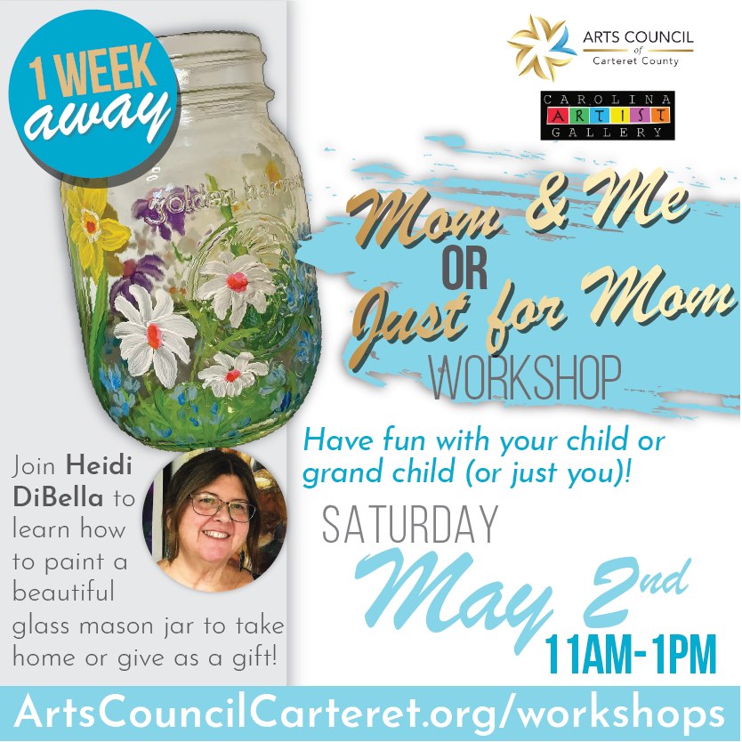 📢 REGISTRATION CLOSING MONDAY! 📢 Join instructor Heidi DiBella and learn to paint a glass mason jar 🎨🖌️
Come join us with your child, grandchild or just yourself for an introduction to glass painting. Enjoy a Mimosa Mocktail as she guides you through the steps of transforming an ordinary mason jar into a beautiful keepsake. Every budding glass artist gets to take home their own glass vase.
All supplies will be included and all ages are welcome!
*When: Saturday, May 2 (11:00am to 1:00pm)
*Cost: $15 per student (supplies included)
*Where: ACCC Arts Center, 1702 Arendell Street
*Sign-up/More Info: ArtsCouncilCarteret.org/workshops
#artscouncil #artworkshop #carteretcountyarts #crystalcoast #diyart #learntopaint #exploreart #paintwithmom #momandme #artwithmom