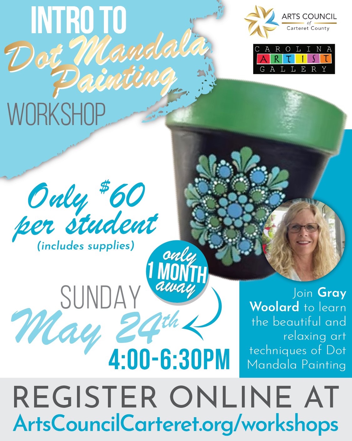 ⏳ ONE MONTH AWAY! ⏳ Join instructor RiverDot Art & Ink by Gray Woolard for an afternoon workshop where you will learn basic Dot Mandala Patterns, how to use Dotting tools, how to use color to enhance a dotting pattern, a general understanding on how to build a dot mandala pattern but most importantly… Having FUN creating a beautiful piece of ART! 🎨
This class is an adult class designed for anyone wanting to learn this style of ART! You will create a beautiful piece of art on a 6" clay planter to take home.
All supplies will be included and students will have the opportunity to choose their own personal color palette.
*When: Sunday, May 24 (4:00 to 6:30pm)
*Cost: $60 per student (supplies included)
*Where: ACCC Arts Center, 1702 Arendell Street
*Sign-up/More Info: ArtsCouncilCarteret.org/workshops
#artscouncil #artworkshop #carteretcountyarts #crystalcoast #diyart #learntopaint #exploreart #freedomwithart #functionalart #dotmandalaart
