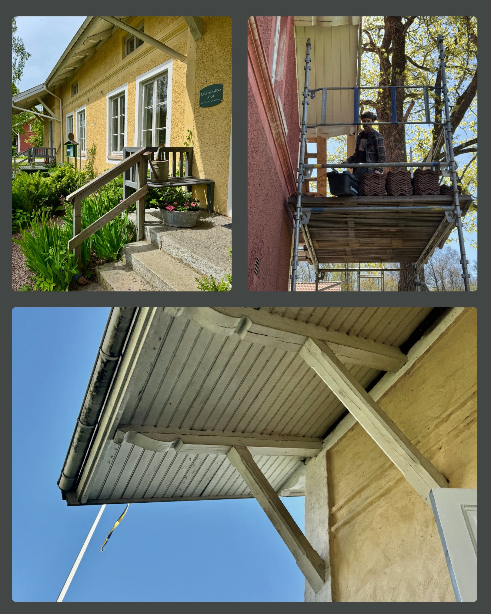 Dessa takskägg, en sådan fin detalj med bänkar vid varje ingång som gjorde att man kunde sitta ute oberoende av väder. Tillgång till frisk uteluft var viktig och något man tänkte på då dessa arbetarbostäder började byggas på sekelskiftet. Alltså en original detalj som var noga uttänkt. Vid varje ingång fanns även en berså som också skapade uterum. Totalt fanns här från början 32 bersåer, idag är det 25 st kvar.
Nästa vecka kommer Oskar, från #kullensbyggnadsvård, och #kimmedkniven hit för att ta sig an, förhoppningsvis, de sista takskäggen som är i behov av renovering.
#byggnadsvård #arbetarbostäder #falkangenkinnekulle