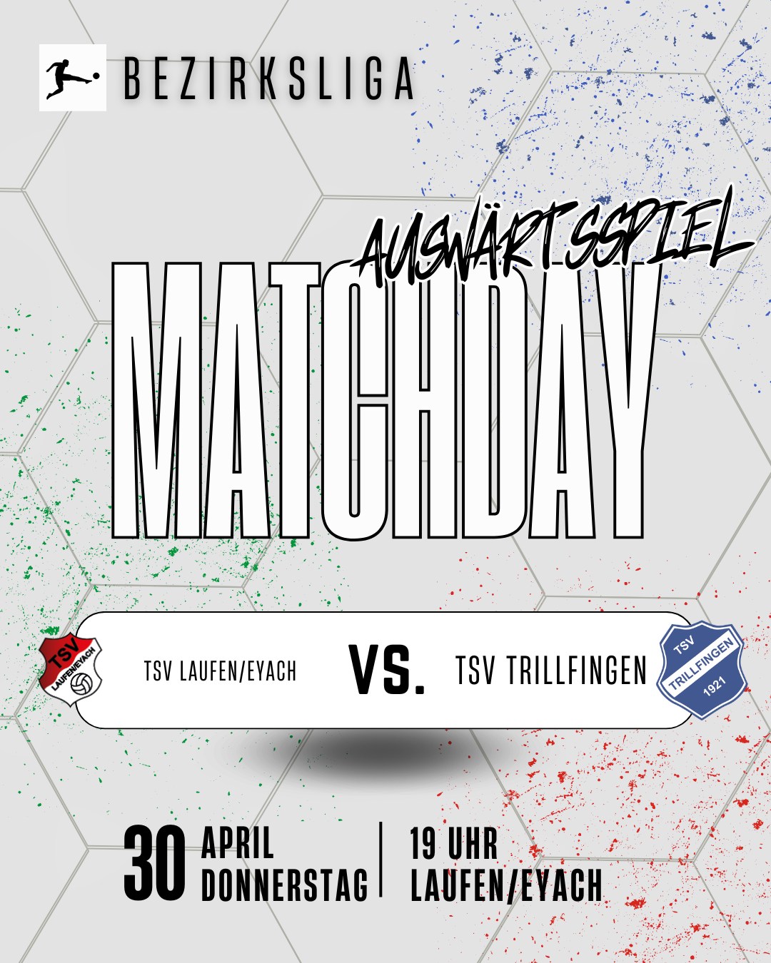 🚨 Auswärtsspiel unter der Woche! 🚨
Am Donnerstag sind wir zu Gast beim TSV Laufen/Eyach 🔥
Flutlicht und wichtige Punkte auf dem Spiel!
📅 Donnerstag, 30. April
⏰ 19:00 Uhr
📍 Laufen/Eyach
Kommt vorbei und unterstützt uns auch auswärts 🙌⚽️
#Auswärtsspiel #Bezirksliga #Matchday