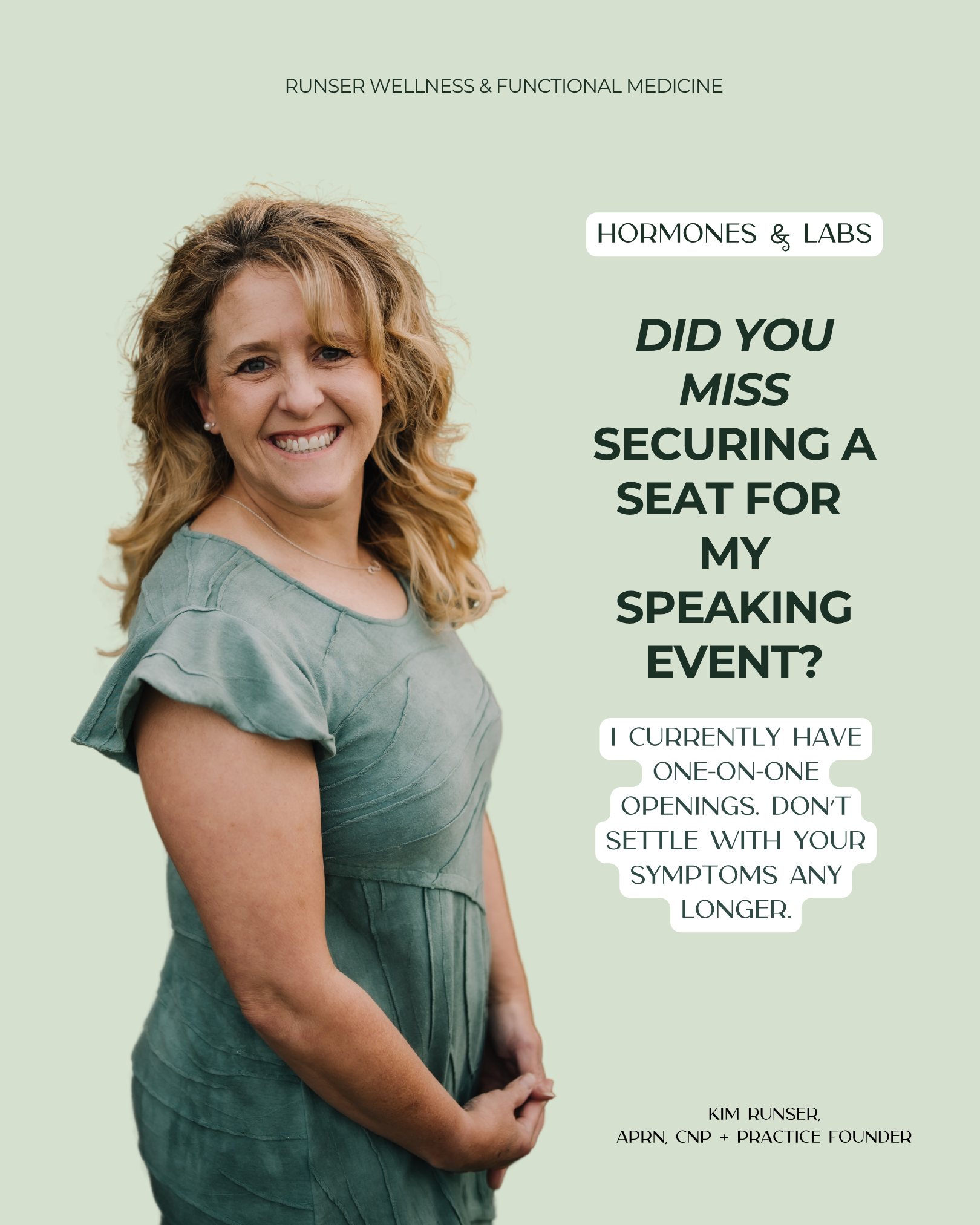 Did you miss securing a seat for my upcoming speaking engagement on hormones and labs?
Don’t worry—I currently have one-on-one openings available!
This is your chance to dive deep into understanding your symptoms and unlocking the path to better health.
Don’t settle for feeling less than your best any longer. Let’s work together to bring balance back into your life.
Book a free discovery call today! https://www.runserwellness.com/discoverycall