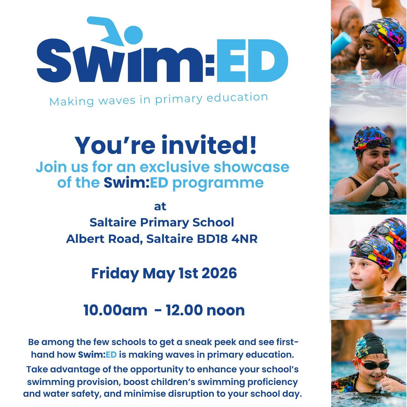 School leaders in Bradford, Calderdale and North Leeds!
Your last chance to join us on Friday (1st May) for a Swim:ED Showcase at Saltaire Primary School. 🏊🏽♂️
Observe live lessons in a pop-up pool on school grounds, explore safeguarding and assessment, and ask anything.
Places are limited reserve by midday this Thursday (30th April).
📅Book your spot via eventbrite here: https://www.eventbrite.co.uk/o/63033234483