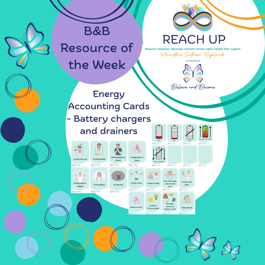 Did you know that we now have over 45 amazing resources available completely FREE on our webpage https://www.believeandbecome.com.au/resources
Today we are featuring our Energy Accounting Cards - Battery chargers and drainers.
This printable set contains 13 battery cards and over 120 feeling, sensory and activity cards, with blank cards included to add your own. The images are suitable for both young people and adults. Use them to identify your personal battery chargers and drainers and support your energy levels. Check it out!
The development of our free resources has been supported by a Peer Support and Capacity Building Grant from the NDIS☺️🦋