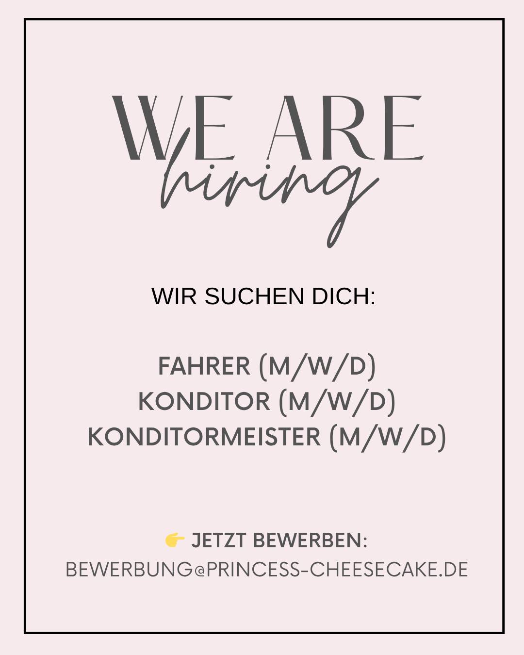 Wir suchen DICH! 👩🍳👨🍳🚚
Princess Cheesecake wächst und wir brauchen Verstärkung in der Backstube und auf der Straße! Du suchst einen Job mit Herz, Handwerk und den besten Kollegen Berlins?
Wir suchen ab sofort:
✅ Konditormeister (m/w/d) – Werde unser kreativer Kopf in der Backstubenleitung.
✅ Konditor (m/w/d) – Backe mit uns die feinsten Bio-Cheesecakes der Stadt.
✅ Fahrer (m/w/d) – Werde unser Glücksbringer auf Stundenbasis.
Egal ob Profi am Ofen oder zuverlässiger Profi am Steuer – wenn du Qualität liebst, bist du bei uns richtig. 👑🍰
👉 Interesse? Alle Infos findest du im Link in der Bio oder schreib uns direkt an: bewerbung@princess-cheesecake.de
#JobsucheBerlin #KonditorGesucht #FahrerJobBerlin #HandwerkMitHerz #PrincessCheesecake #BerlinFood #MinijobBerlin #TeamPower
