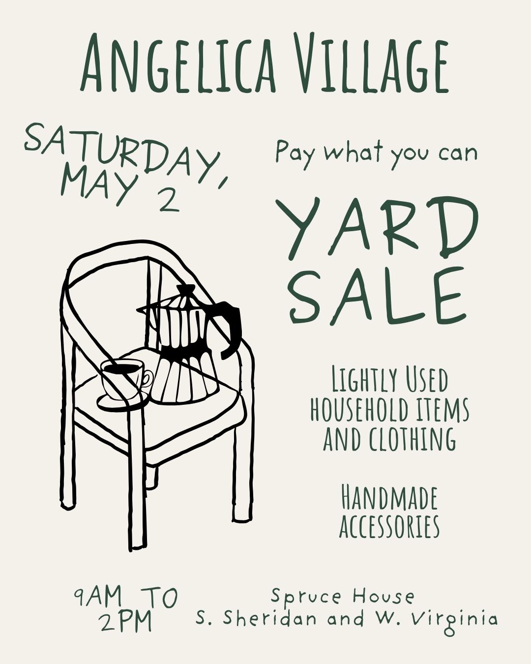 Come check out our yard sale on Saturday, May 2nd! Everything is pay-what-you-can. 👚 Located at the corner of S. Sheridan and W. Virginia Ave. Then stick around after and enjoy a delicious meal at our African Cultural Celebration from 3pm to 7pm. 🌍