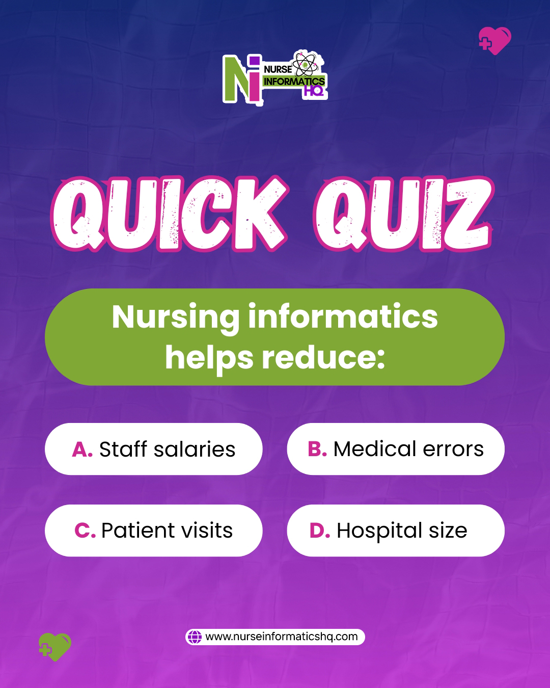 Quick Quiz 💻
Nursing informatics helps reduce:
A) Staff salaries
B) Medical errors
C) Patient visits
D) Hospital size
Drop your answer below 👇
(Think smarter data, better decisions, safer care.)
Learn more about how technology is transforming healthcare:
👉 www.nurseinformaticshq.com
#NurseInformatics #HealthcareQuiz #DigitalHealth #BetterCare #NursingFuture #MedicalInnovation