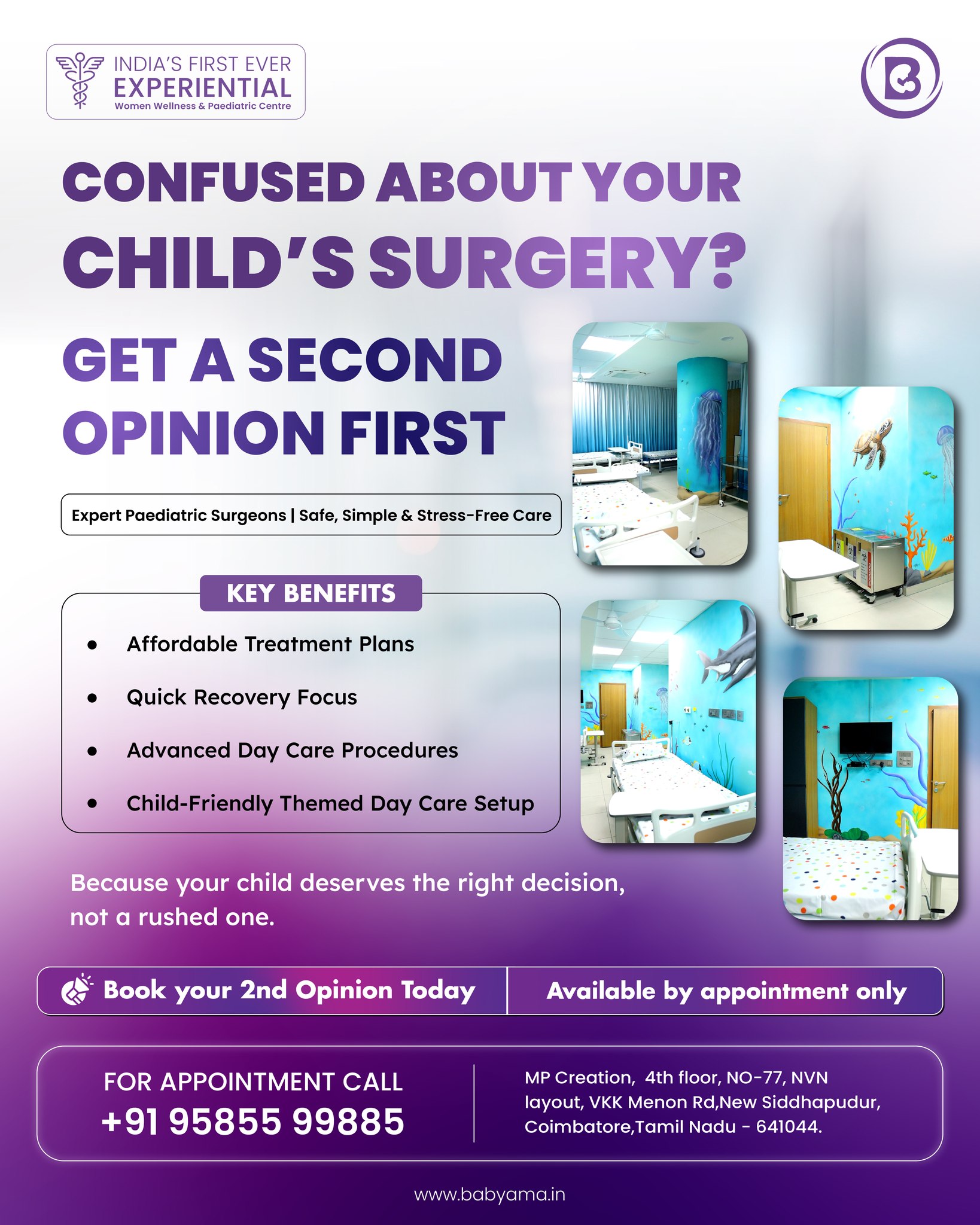 Confused about your child’s surgery decision?
It’s completely okay to have doubts 🤍
Before you proceed, getting a second opinion can give you clarity, confidence, and peace of mind.
At Babyama Women Wellness & Paediatric Centre, our experienced paediatric surgeons help you understand the right approach — with safe, simple, and child-friendly care.
If you’re unsure, let’s talk first.
📞 Book your consultation now: +91 95855 99885
📍 Visit us: Babyama women wellness & Paediatric centre, MP Creation, New Siddhapudur, Coimbatore.
#babyama #kids #parenting #childcare #coimbatore