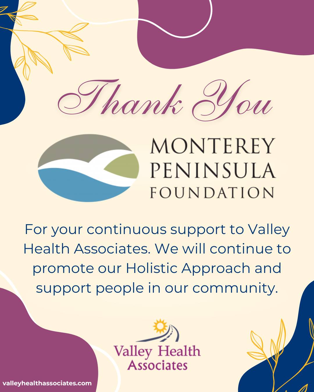 Thank you, Monterey Peninsula Foundation, for supporting our mission. Your support allows us to help more people in our community.
#ValleyHealthAssociates #VHA #Nonprofit #MontereyPeninsulaFoundation #ThankYou