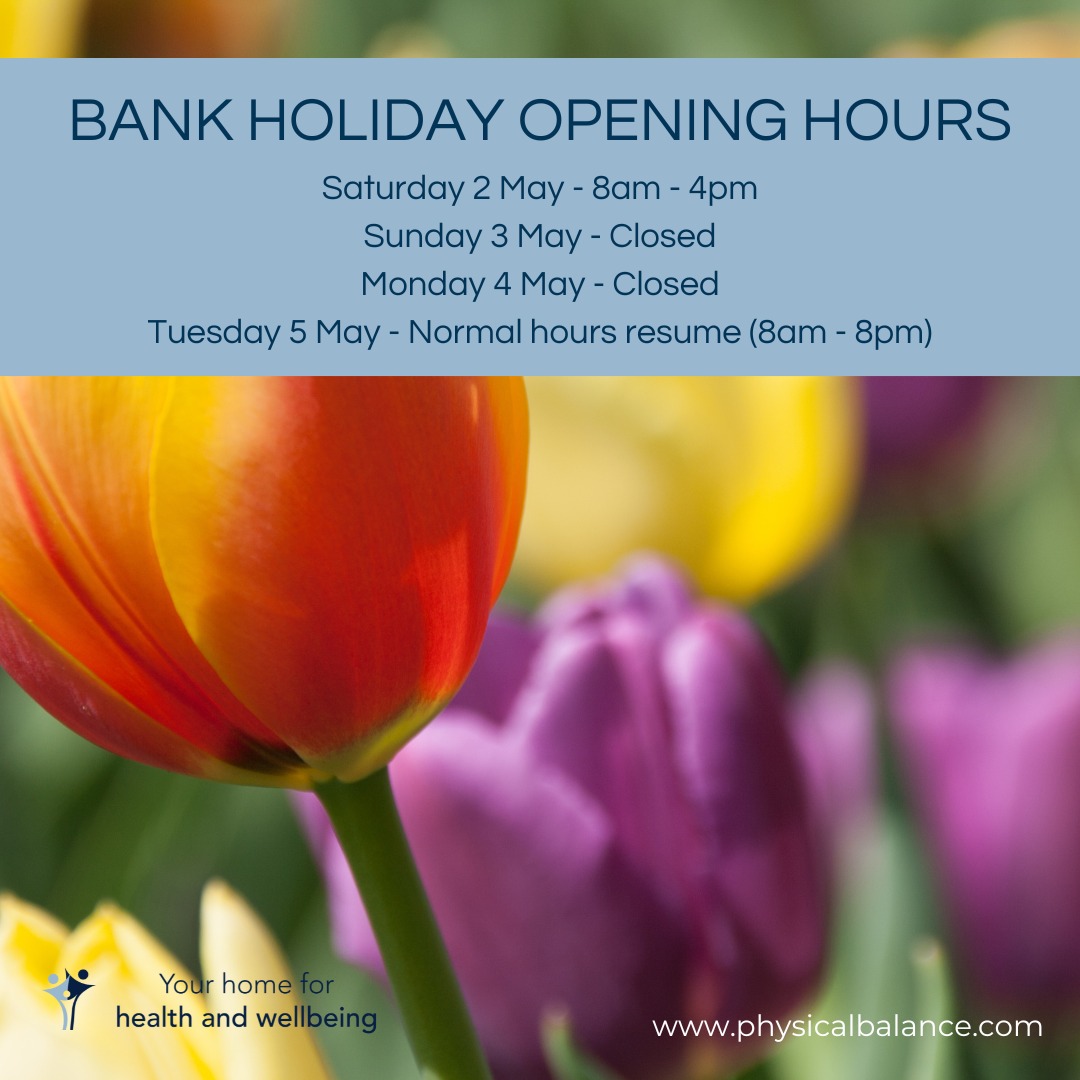 As we head into the first of the long weekends in May, here are our opening hours for if and when you need us. All appointments can be booked online as usual (link in our bio) or call us on 01256 770022 and we'll be happy to help 😊 #physicalbalance #basingstokeclinic #thestudioatphysicalbalance #maydaybankholidayopeninghours