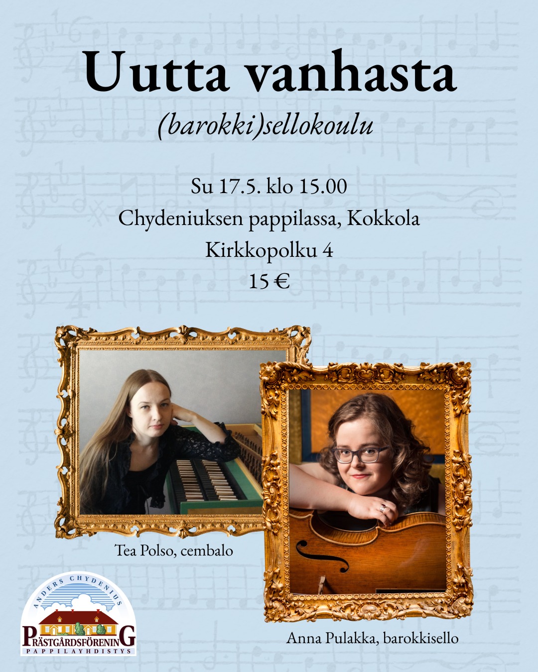 Tervetuloa konserttiin pappilaan!✨🌸
Sisänpääsy 15€ - Sisältää kahvittelu ja ohjelmavihko
Uutta vanhasta – (barokki)sellokoulu
Vain harvat teokset ja säveltäjät jäävät aikain saatossa historiankirjoihin ja konserttiohjelmiin, mutta vieläkin harvempi niistä päätyy soittoharrastuksen alkutaipaleella olevan nuoren muusikon nuottitelineelle. Viime vuosina musiikinhistorian kaanonia on laajennettu toinen toistaan upeammin löydöin, miksipä ei siis myös musiikkiopistoissa?
Sellisti Anna Pulakka tekee uutta barokkimusiikin saloihin johdattavaa nuotti- ja oppimateriaalia nuorille sellisteille osana SKR:n Keski-Pohjanmaan rahaston apurahatyöskentelyään. Marcellon ja Vivaldin hittisonaattien sijaan konsertti koostuu vähemmän tunnettujen säveltäjien sellosonaateista, joiden tekniset haasteet ja musiikillinen anti sopivat erinomaisesti myös nuoremmille muusikoille.
G.B. Somis – J.B. Barrière – S. Lanzetti – J.Z. Triemer