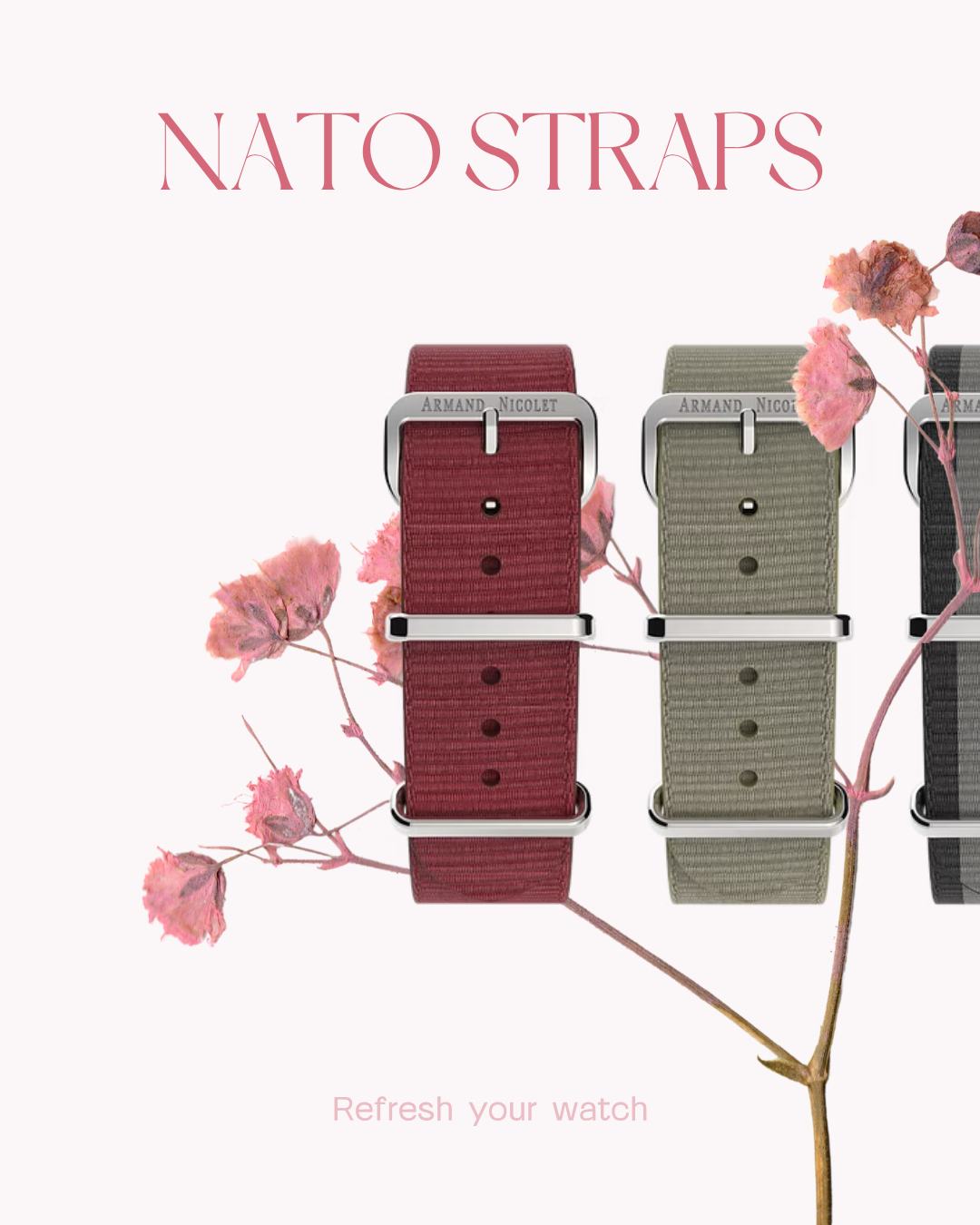 The beautiful season has begun and your watch can change style too.
With Armand Nicolet NATO straps you can give your wrist a fresher and more dynamic look, choosing among different colors and sizes designed to perfectly fit the brand’s collections.
A simple way to refresh your watch with the arrival of spring.