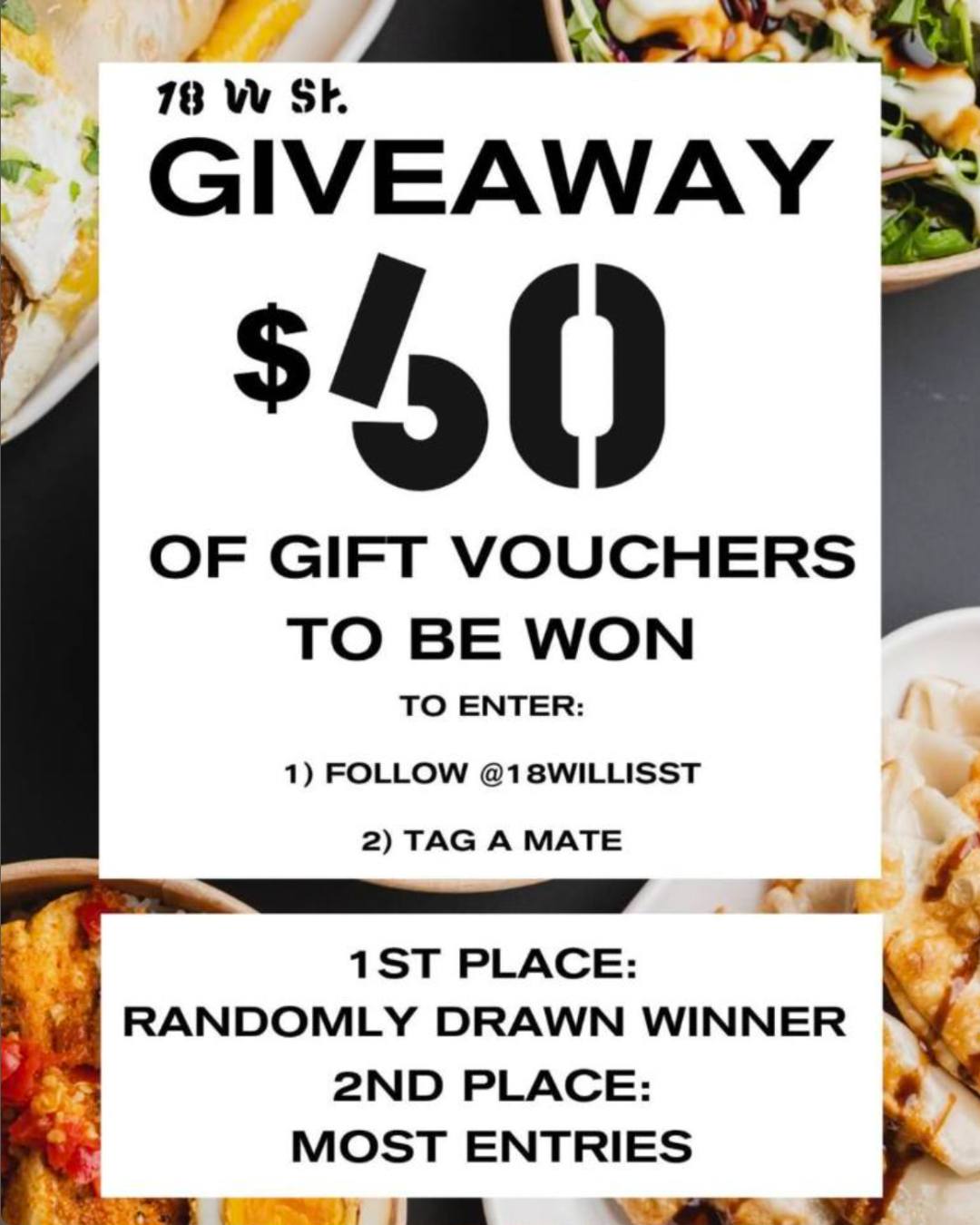 GIVEAWAY TIME 🚨��
We’re giving away $60 of 18 Willis St gift vouchers – and you could be one of the lucky winners!��
To enter:��
1. Like this post�
2. Follow @18willisst�
3. Tag a mate you’d take out for lunch at 18 Willis St.��
1 comment = 1 entry��
🥇 1st Place - $40 – Randomly drawn winner�
🥈 2nd Place - $10 – Top commenters on IG and FB��
Winner drawn on Friday 22nd of May.��
Disclaimer: This promotion is no way sponsored, endorsed, administered by or associated with Facebook (or Instagram).
All giveaways will be run by the official page @18willisst, please be wary of spam accounts impersonating the page and asking for personal information.��
Winner will be messaged from our official account @18willisst, Please be wary of spam accounts.��
#18WillisSt #WellingtonNZ #Giveaway #WellingtonEats #TagAMate