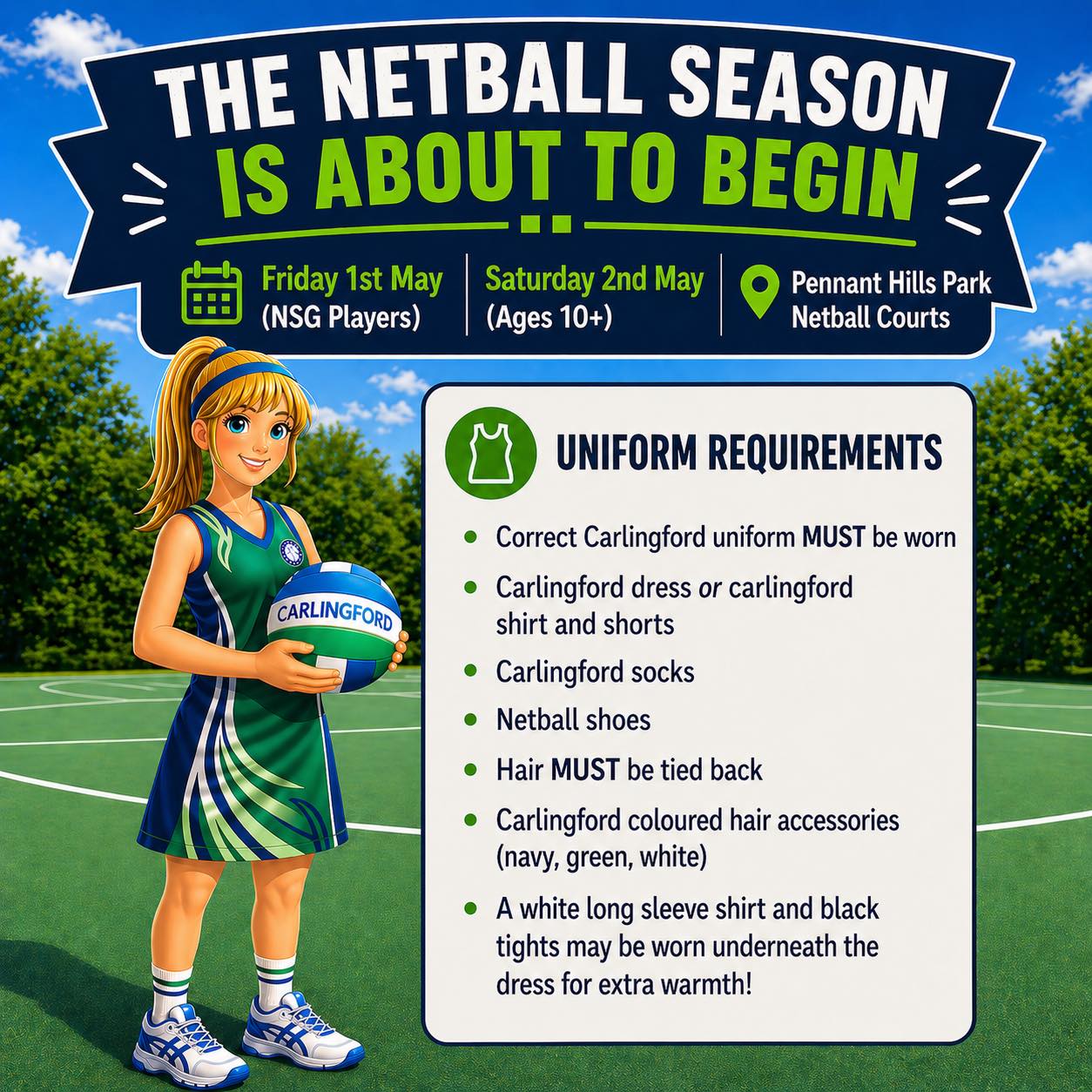 Season is almost here and weโre ready to go ๐๐
A quick reminder that all players MUST be in correct Carlingford uniform for games. This includes appropriate netball shoes, hair tied back, and club-coloured accessories.
As the weather cools down, players are welcome to wear a white long sleeve top and black tights under their dress for extra warmth โ๏ธ
Letโs start the season strong, prepared and looking the part ๐๐ป๐
#CarlingfordNetball #NetballSeason #GameReady #NetballNSW #JuniorNetball #NetballLife