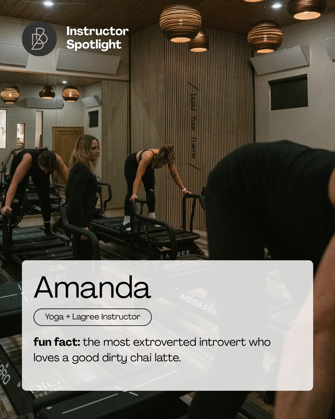 Amanda, or Hugo as many of us call her, knows a good time and how to bring the heat in class. As she likes to say, "Match your breath to the beat of your momentum."
Fav yoga pose: lizard • Fav lagree move: Giant reverse extended kneeling crunch
Least fav yoga pose: plank • Least fav lagree move: Escalator lunge
#meetamanda #bbinstructors #buildyourframe