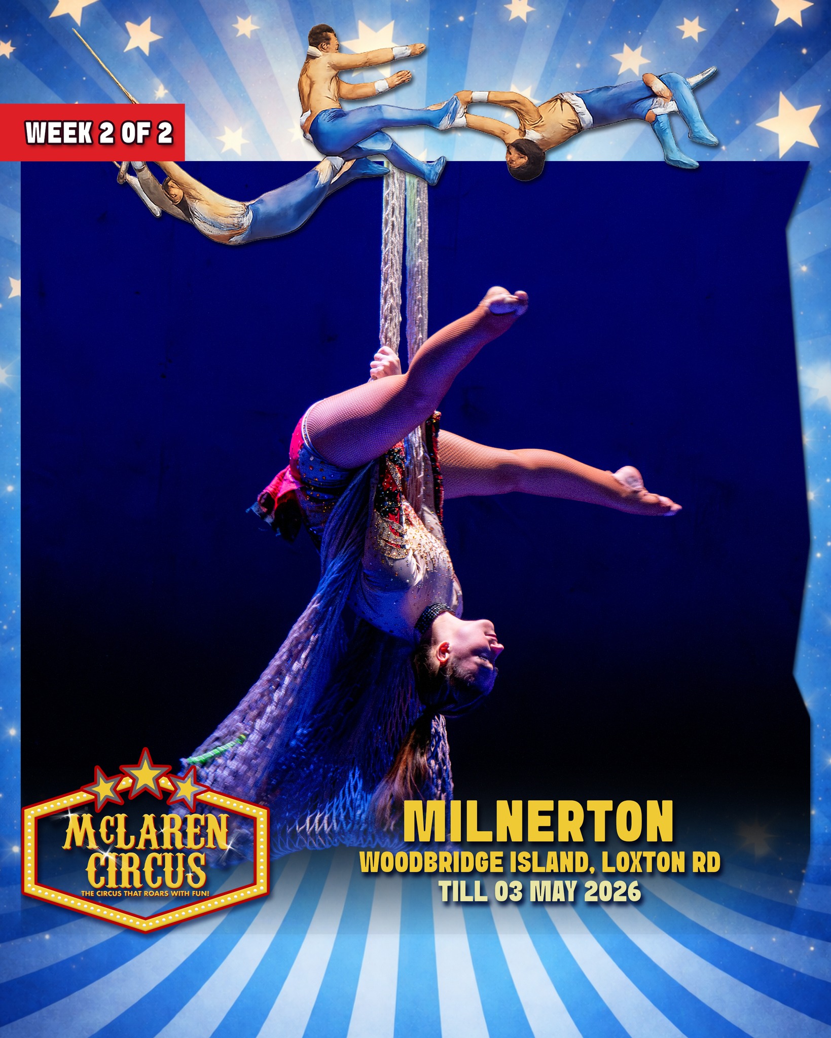 After multiple SOLD-OUT shows this past week, we're gearing up for an exciting FINAL week in #MILNERTON!🎪✨
Experience an unforgettable International Circus Spectacular, packed with thrilling action, breathtaking performances, and timeless circus magic for the whole family.
🗓️ SHOW TIMES:
• Wed, 29 Apr 2026 @ 7 PM
• Thu, 30 Apr 2026 @ *7 PM* (All seats R165 | Unreserved seating | Cash Only at Ticket Office | Sales on the day only)
• Fri, 01 May 2026 @ 3 PM & 7 PM
• Sat, 02 May 2026 @ 3 PM & 7 PM
• Sun, 03 May 2026 @ 3 PM
🎟️ Ticket Prices:
Back Chairs R175 | Side Chairs R195 | Raised Chairs R225 | Silver Ringside R250 | Gold Ringside R295
🎪 Ticket Office opens daily at 12 PM on show days
www.mclarencircus.co.za | WHATSAPP: http://wa.me/message/BGE2GJWJ5DLDC1