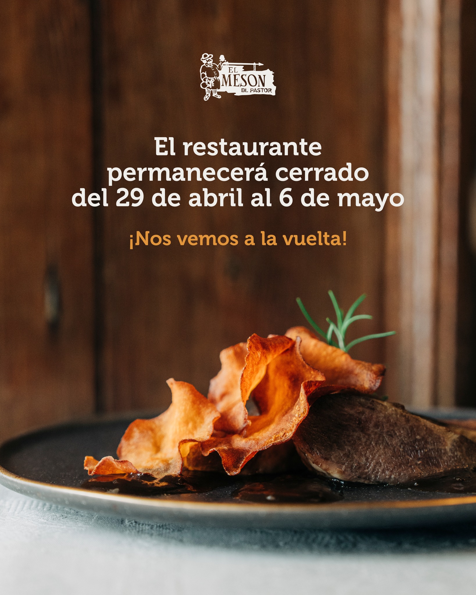 Del 29 de abril al 6 de mayo permaneceremos cerrados 🧡
Nos tomamos unos días de descanso. Disculpad las molestias y gracias por estar siempre ahí 🥰
¡Nos vemos a la vuelta!
#mesondelpastor #bibgourmand #morella #elsports #guíarepsol