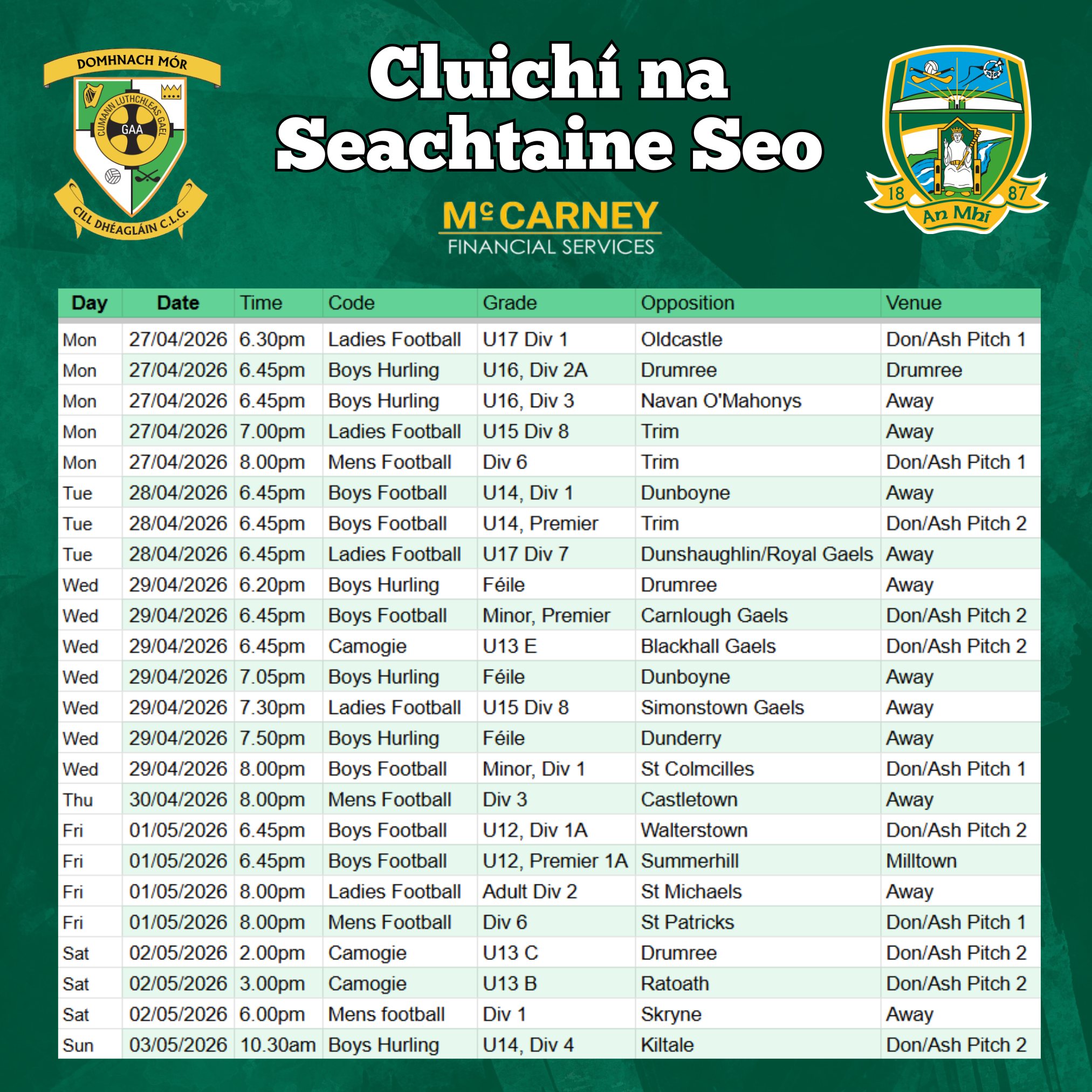 Cluichí na Seachtaine seo 🏐
Make sure you get out in your club colours to support our teams!
Domhnach Mór Abú 🟢⚪️