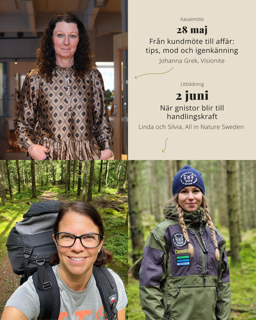Du har väl inte missat våra två kommande KAVAI-event?
Först möter vi Johanna Grek som delar konkreta insikter om hur du skapar affärer med mod, närvaro och trygghet. Därefter tar vi oss ut i naturen tillsammans med @allinnaturesweden för en halvdagsutbildning med fokus på samarbete, självledarskap och handlingskraft.
Två olika tillfällen – med samma mål: att stärka dig i din vardag!!
Vi ser framemot att ses! Anmäl dig på Kavai.se
#kavai_boost_business #kvinnligtnätverk #kvinnligtentreprenörskap #ledarskap #överlevnadskurs #Överlevnad #försäljning #forsaljning