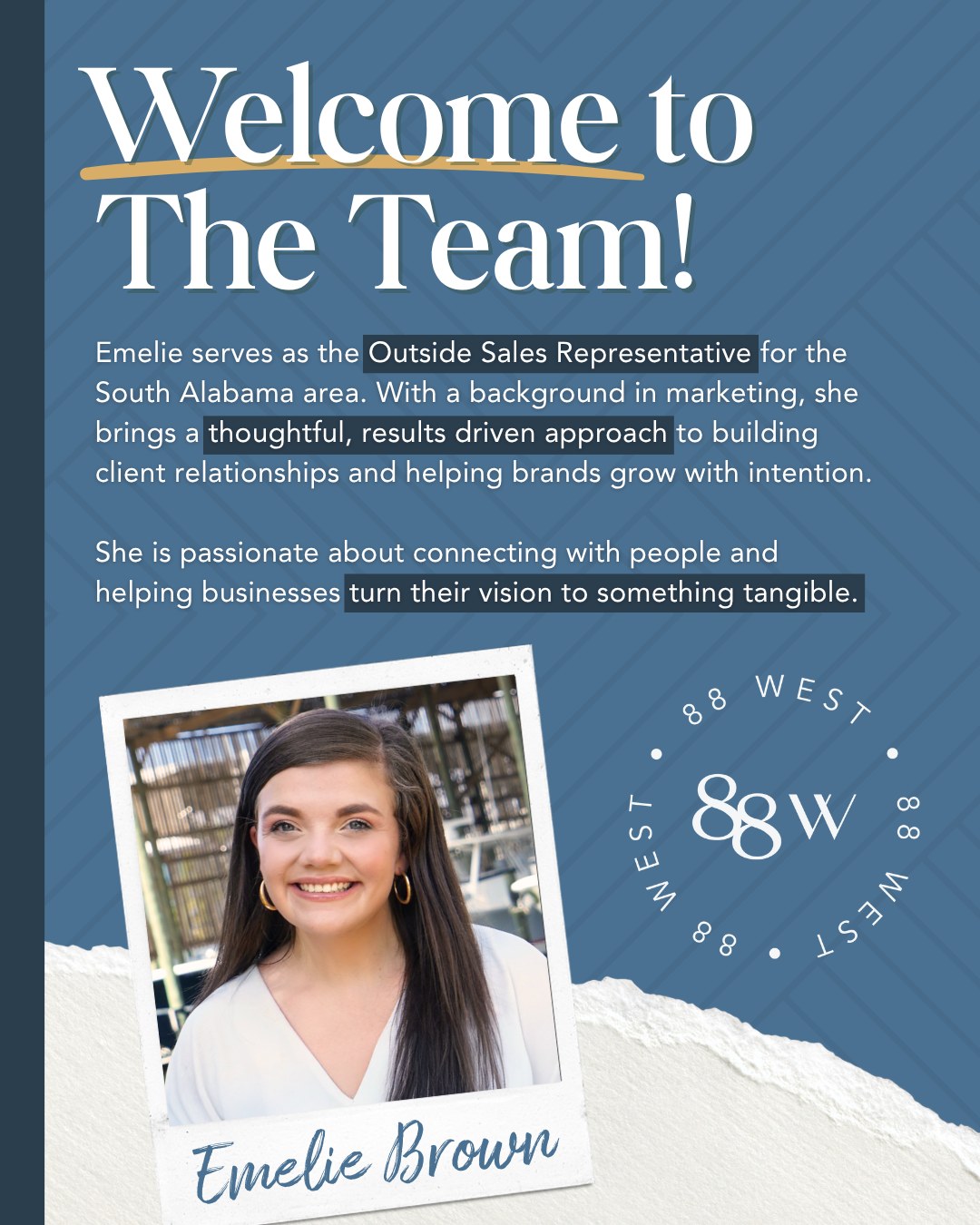 Welcome to the team, Emelie! 🌟
We’re excited to have Emelie join 88 West as our Outside Sales Representative for South Alabama!
Whether she’s meeting with clients, showing us all the best local coffee shops or turning big ideas into something tangible, Emelie is all about making things happen—and we’re so glad she’s on our team.
If you’re in the South Alabama area, be on the lookout… Emelie’s ready to connect!
📞 662.205.0088 | 251.202.7180
💻 88westagency.com
-
#88West #88WestAgency #NorthMS #BrandAgency #DesignAgency #MarketingAgency #BrandDesign #WebDesign #ALGulfCoast #OrangeBeachAL #FoleyAL #GulfShoresAL #BaldwinCounty #SocialMediaMarketing #CreativeAgency #NewTeamMember #OutsideSales #SouthAlabamaBusiness