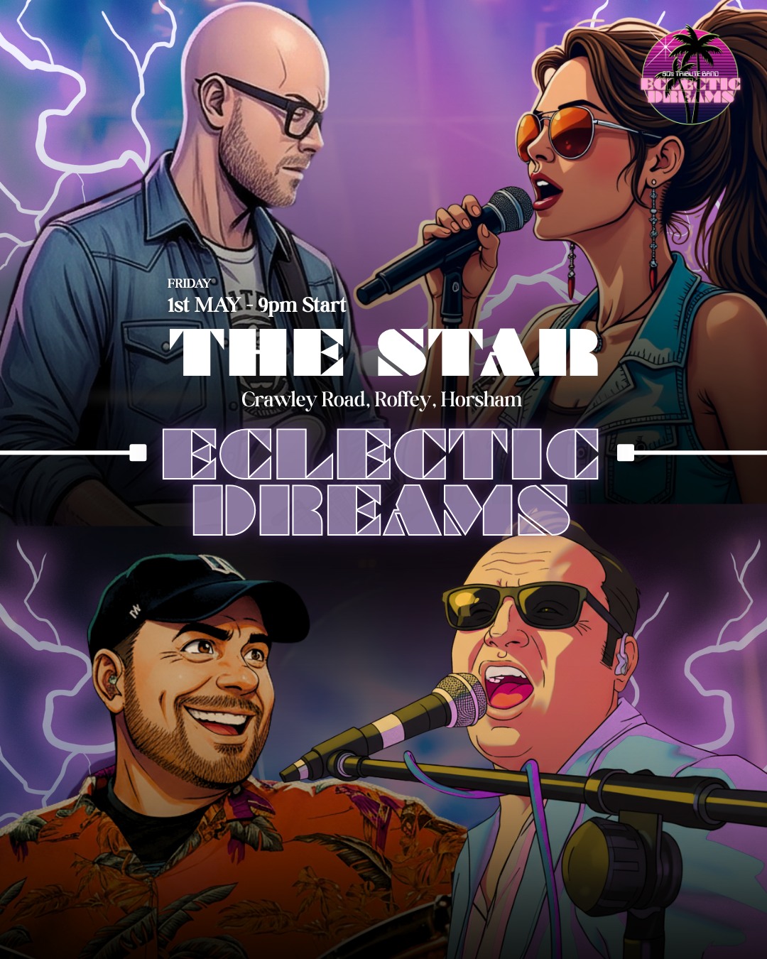 Kick start your Bank Holiday weekend with a trip back to the 80s with Jay, Bex, Lee & Rob.
This is a night of neon and nostalgia, let us transport you back to the golden age of music where synthesizers ruled the airwaves and every song was an anthem.
Friday 1st May The Star, Roffey from 9pm.
Free Entry, just bring your singing voices and your dancing shoes.
#80smusichorsham #livemusic #80sfunctionbandsussex #thestarroffey #musicforpartiesandevents
@thestarpub_roffey
