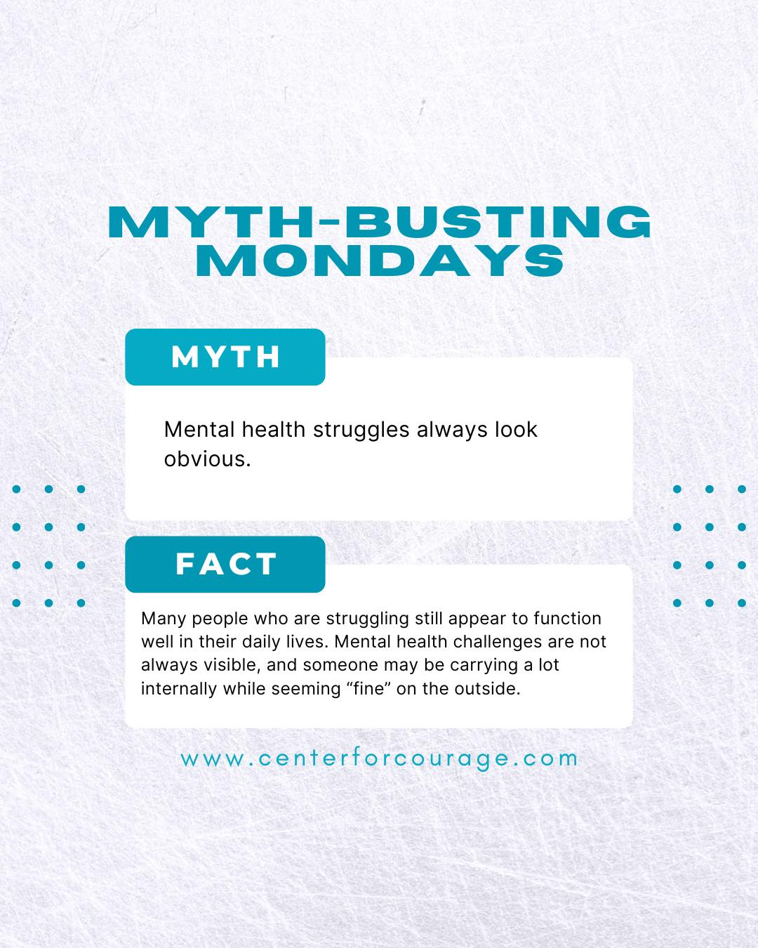 Myth: Mental health struggles always look obvious.
Reality: Many people who are struggling still appear to function well in their daily lives.
Mental health challenges are not always visible, and someone may be carrying a lot internally while seeming “fine” on the outside.
It’s important to remember that we rarely see the full picture of what someone may be experiencing. A person may still show up to work, care for their family, or maintain responsibilities while quietly navigating anxiety, stress, grief, or emotional exhaustion.
This is why compassion — both for ourselves and others — matters. Just because someone appears to be managing on the surface doesn’t mean they aren’t facing challenges internally.
If you’ve been feeling overwhelmed, stressed, or emotionally drained, you don’t have to handle it alone. Support and guidance can help you process what you’re experiencing and develop tools to move forward.
📍 Crystal Lake, IL
📞 815-707-4806
📧 gia@centerforcourage.com
🌐 centerforcourage.com
#MentalHealthAwareness #TherapySupport #MentalHealthMyths #EmotionalWellness #CrystalLakeIL #TheCenterForCourageousLiving