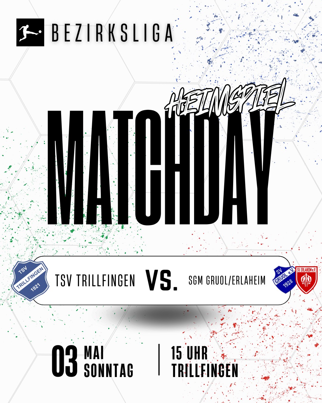 🔥 Derby auf dem Wollensack am Sonntag! 🔥
Wir empfangen die SGM Gruol/Erlaheim in Trillfingen – und wollen zuhause Im Derby punkten 💪
📅 Sonntag, 03. Mai
⏰ 15:00 Uhr
📍 Trillfingen
Kommt vorbei und unterstützt unsere Jungs lautstark! 🙌⚽️
#TSVTrillfingen #Heimspiel #Bezirksliga #Matchday