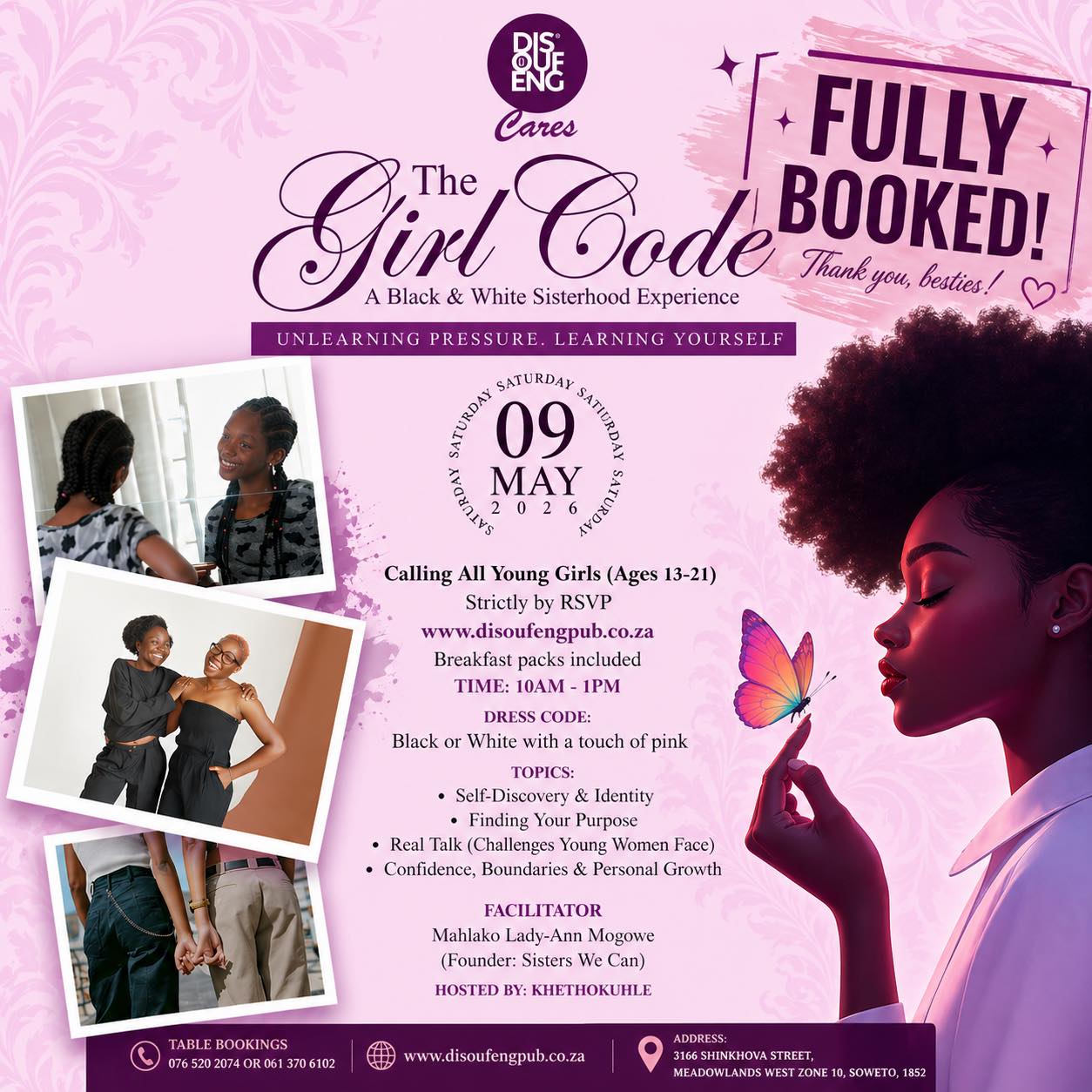 And just like that… it’s full. 💕
To every young queen who secured a spot — this space was created with you in mind. A room to grow, to unlearn, to find yourself… and to feel seen.
The Girl Code is more than an event, it’s a moment of becoming. ✨
Thank you for the love, the trust, and the overwhelming response.
See you inside. 🤍🖤
#TheGirlCode #DisoufengCares #YoungWomenEmpowerment #sisterhoodexperiences