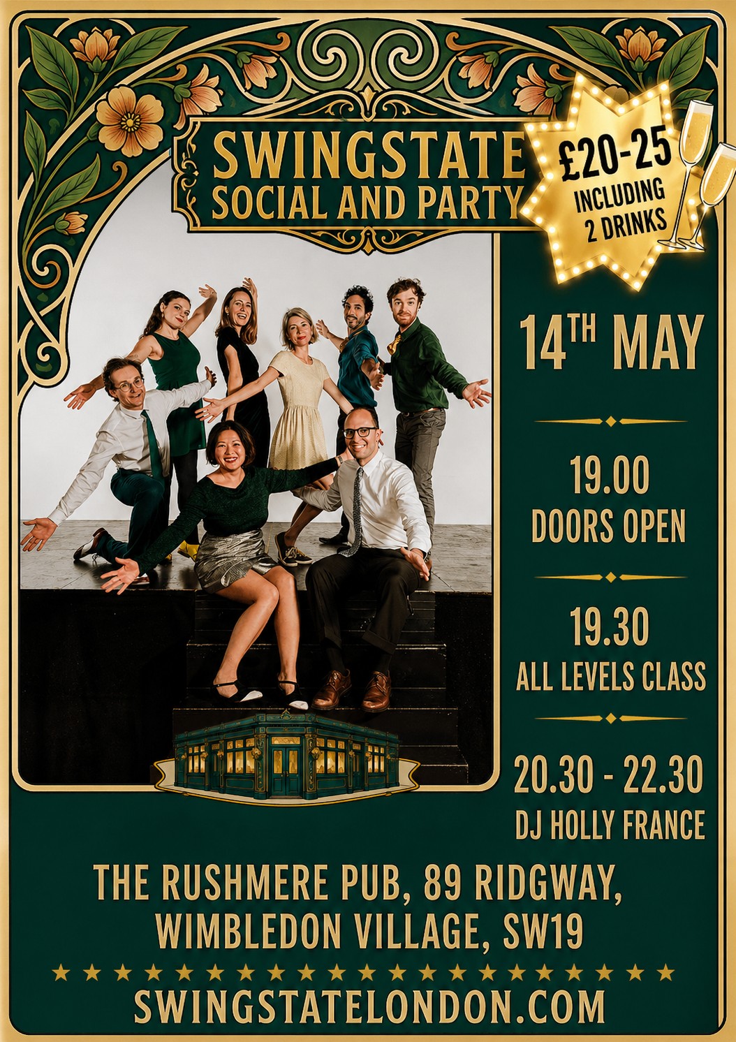 Wimbledon Village — are you ready for this? 💃🕺
Swingstate is bringing you their very first Lindy Hop social & party at The Rushmere Pub on Thursday 14 May 2025 — and you’re invited!
✨ What’s on:
🕖 Doors open: 7:00 PM
🎶 All-levels class: 7:30 PM
🎧 DJ & social dancing with Holly France: 8:30–10:30 PM
🎟️ Tickets:
£20 in advance / £25 on the door
👉 Includes 2 drinks (yes, really!) + class + social dancing
Grab your spot now:
https://www.ticketsource.com/swingstatelondon/t-qmmlxvg
Find out more:
https://www.therushmeresw19.com/
https://www.lanternarts.org/swing-dance
https://www.swingstatelondon.com/
Come dance, meet great people, and swing the night away! 🎷✨