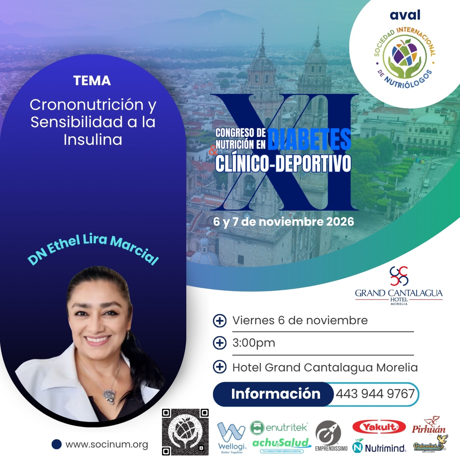 👩🏽🏫Tendremos el gusto de contar con la presencia de la DN Ethel Lira Marcial | TEMA: Crononutrición y Sensibilidad a la Insulina.
🦋 XI Congreso de Nutrición en Diabetes Clínico-Deportivo 🦋
Morelia⛪ Presencial
📆6 y 7 de noviembre 2026 Hotel sede: Grand Cantalagua Hotel Morelia
⭕Registro en: https://www.socinum.org/event-details/xi-congreso-de-nutricion-en-diabetes-clinico-deportivo
💫 Código: SOCINUM50 (valido todo abril)
✅Escríbenos vía WhatsApp para más detalles👇🏽
https://wa.me/5214439449767
👥 𝑪𝒖𝒑𝒐 𝒍𝒊𝒎𝒊𝒕𝒂𝒅𝒐.👥
💥Incluye:
📌Kit de bienvenida (presencial)
📌Asistencia al Congreso los dos días 🤓
📌Coffe Break☕ (presencial)
📌 Constancia: con Microcredencial de 18 horas de valor curricular ideal para tu crecimiento y acreditación profesional.
📌Sorpresas de patrocinadores
#xicongresodenutriciónDiabetescrinicodeportivo #nutricionydiabetes #congresodenutrición #nutriciónysalud #CongresodeNutrición NutriciónySalud CongresoenMorelia DeporteDiabetesyNutrición