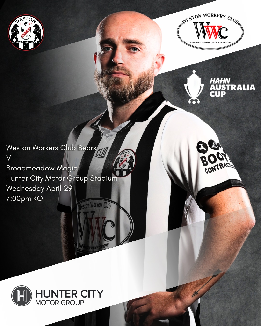HAHN @australiacup | WEDNESDAY
Midweek, Cup football, under lights, at @huntercitymotorgroup Stadium...
It doesn’t get much better!
This Wednesday night, the @westonworkers Bears welcome Broadmeadow Magic to @huntercitymotorgroup Stadium for a massive @australiacup tie and with both clubs' 1st and 2nd, this is a proper cup contest.
Here's the plan... Get there early and make a night of it: head to the Weston Workers Club for dinner or find out what all the excitement is about with the excellent food on offer at the ground. Then take your seat at one of the best football facilities in Northern NSW and cheer the Bears on.
🏆 Hahn Australia Cup
⚽ Weston Workers Club Bears v Broadmeadow Magic
📍 Hunter City Motor Group Stadium
📅 Wednesday, April 29
⏰ 7:00pm kick-off
Let’s turn up and get right behind the Bears. See you there! 🐻⚫⚪
#COYB #HahnAustraliaCup #CupFootball