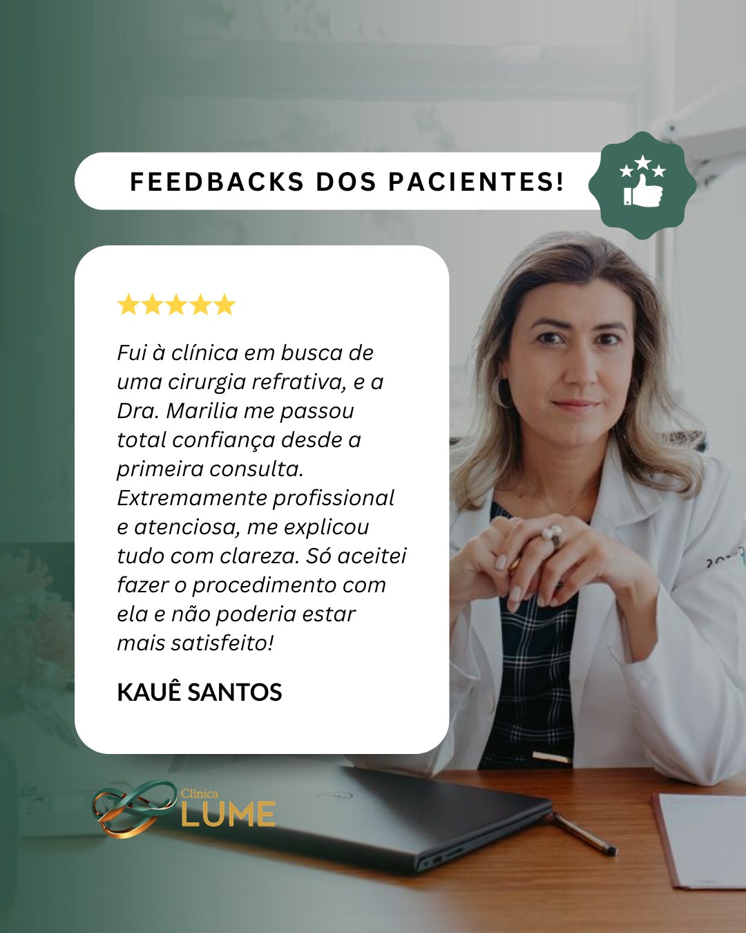 Nada fala mais alto do que a experiência de quem já passou por aqui 👁️✨
Se você já foi atendido na Lume Oftalmologia & Cirurgia, que tal compartilhar sua opinião no Google? Sua avaliação ajuda outras pessoas a encontrarem um atendimento de confiança e faz a gente continuar evoluindo todos os dias 💙
E se você ainda não conhece a Lume… fica o convite 😉
Cuidar da sua visão é cuidar da sua qualidade de vida.
📍 Esperamos você!
#LumeOftalmologia #SaúdeDosOlhos #AvaliaçãoGoogle #Confiança #CuidadoComAVisão