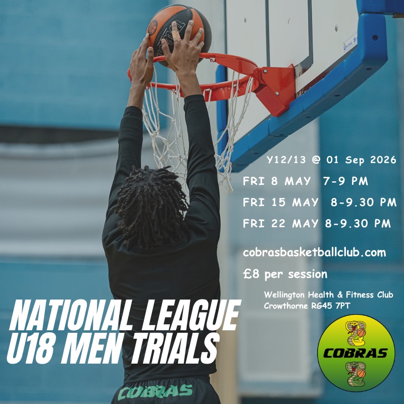 NBL 2026/27 OPEN TRIALS U18 MEN (Y12/13 on 01Sep26)
START: FRI 08 MAY 7pm - 9pm 📍Wellington Health & Fitness Club, RG45 7PT
Book online: https://hosted-uk.coacha.app/YJ83ADGO
Players must register in advance. (Existing Cobras select 'book' - guests select 'book trial' )
#nblengland #ukbasketball #BasketballEngland