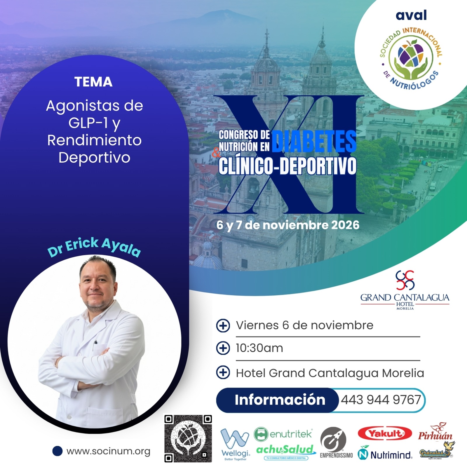 ✅ 👨🏻💻Tendremos el gusto de contar con la presencia del Dr Erick Ayala | TEMA: Agonistas de GLP-1 y Rendimiento Deportivo
🦋 XI Congreso de Nutrición en Diabetes Clínico-Deportivo 🦋
Morelia⛪ Presencial
📆6 y 7 de noviembre 2026 Hotel sede: Grand Cantalagua Hotel Morelia
⭕Registro en: https://www.socinum.org/event-details/xi-congreso-de-nutricion-en-diabetes-clinico-deportivo
💫 Código: SOCINUM50 (valido todo abril)
✅Escríbenos vía WhatsApp para más detalles👇🏽
https://wa.me/5214439449767
👥 𝑪𝒖𝒑𝒐 𝒍𝒊𝒎𝒊𝒕𝒂𝒅𝒐.👥
💥Incluye:
📌Kit de bienvenida (presencial)
📌Asistencia al Congreso los dos días 🤓
📌Coffe Break☕ (presencial)
📌 Constancia: con Microcredencial de 18 horas de valor curricular ideal para tu crecimiento y acreditación profesional.
📌Sorpresas de patrocinadores
#xicongresodenutriciónDiabetescrinicodeportivo #nutricionydiabetes #congresodenutrición #nutriciónysalud #CongresodeNutrición NutriciónySalud CongresoenMorelia DeporteDiabetesyNutrición