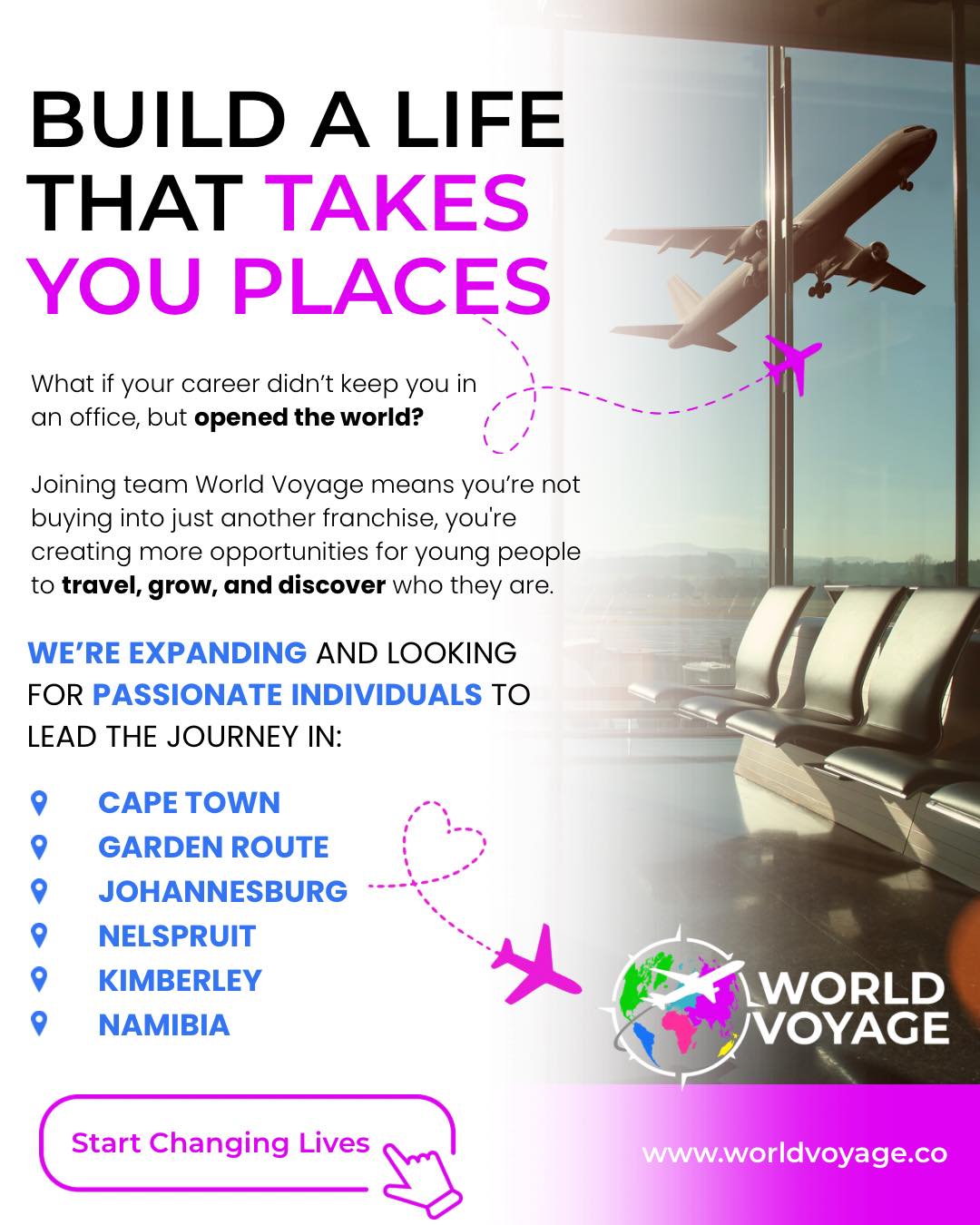 This is your sign to build a life that takes you places ✈️
🧐What if your career didn’t keep you in an office, but opened the world?
Joining team World Voyage means you’re not buying into just another franchise, you're creating more opportunities for young people to travel, grow, and discover who they are.
You become a person who changes lives.
The one who helps turn “one day” into “I did it.”
We’re expanding rapidly and looking for passionate individuals to lead the journey in:
📍 Cape Town
📍 Garden Route
📍 Johannesburg
📍 Nelspruit
📍 Kimberley
📍 Namibia
Ready to build something that matters?
Email info@worldvoyage.co to start your journey.
#WorldVoyage #OwnTheJourney #FranchiseOpportunity #WorkWithPurpose #TravelCareers