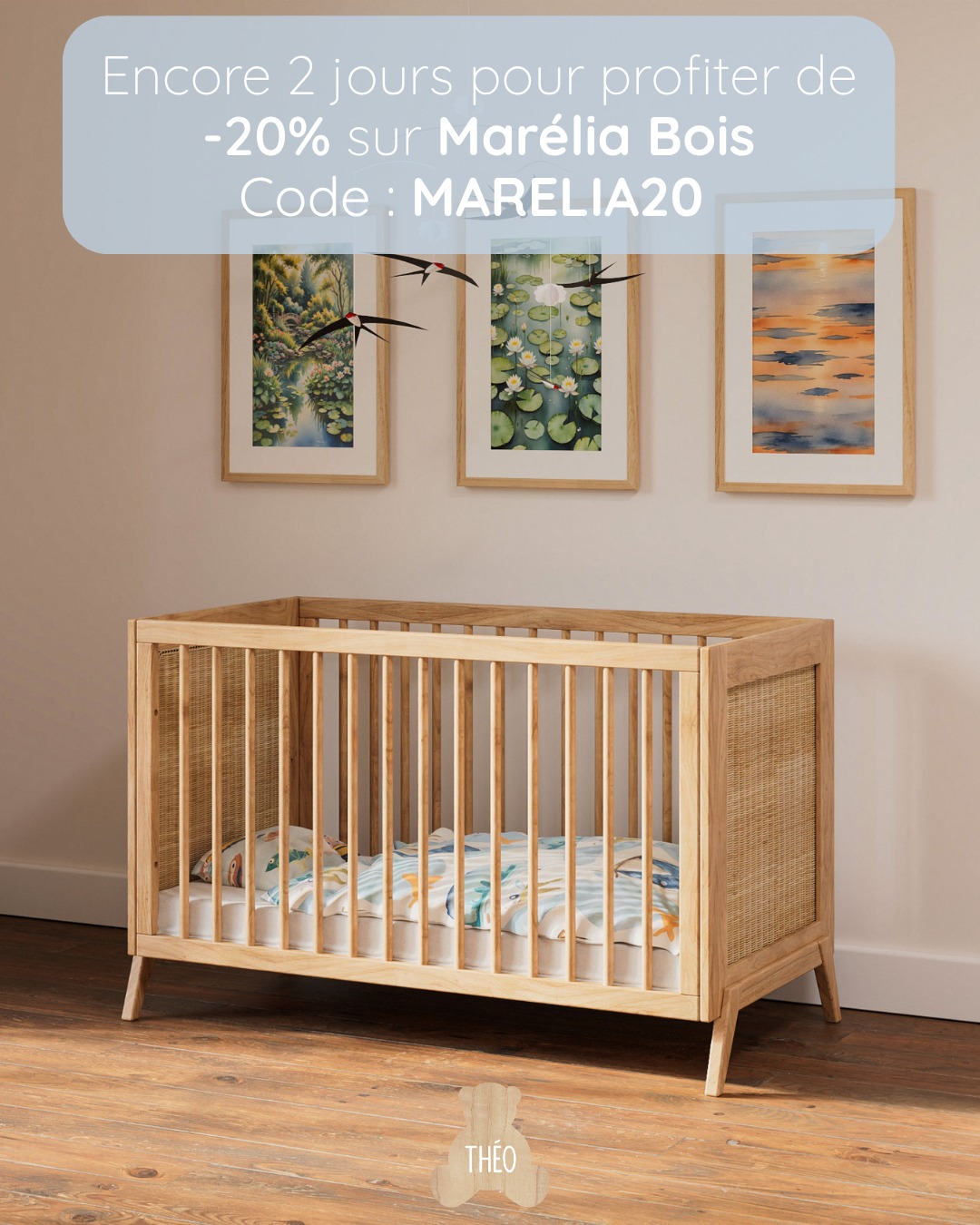-20% sur la collection Marélia Bois jusqu'au 30 mai, profitez-en !
Fabriquée en bois véritable et authentiques feuilles de bois pour le placage des panneaux, elle sent bon la nature et le bois, sans imitation. Il est difficile de se rapprocher plus près de la nature et du bien-être qu'elle apporte.
#chambrebebe #BienÊtre #chambreBebe #mobilierdurable #BébéConfort #theobebe