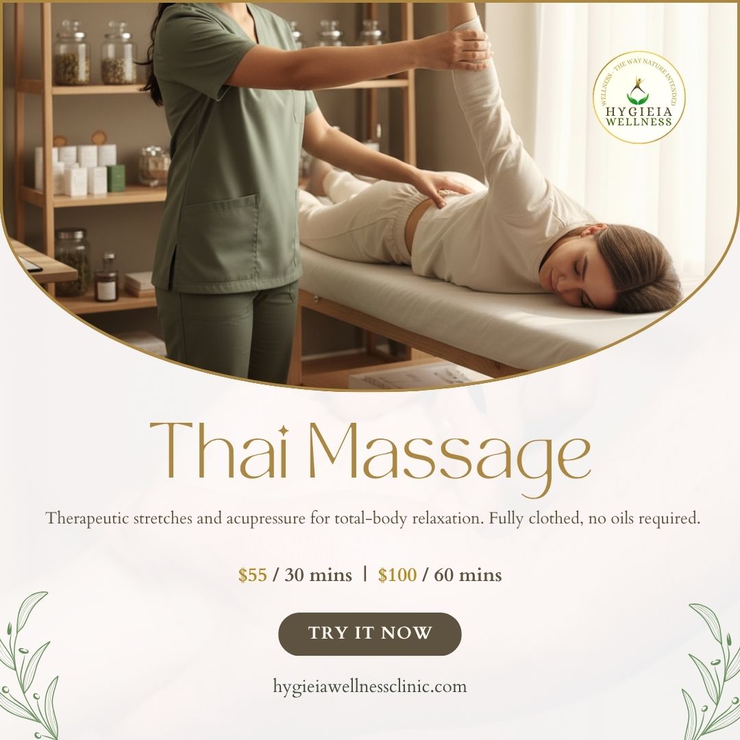 It’s Therapeutic Massage Awareness Day.
If your body has been feeling:
• Tight
• Stressed
• Stiff
• Low in energy
• Or out of balance
Thai Massage may help.
Through assisted stretching, rhythmic pressure, and energy work, Thai Massage can:
• Support organ healing through improved circulation, abdominal release, and balanced energy pathways
• Release muscular tension and knots
• Improve flexibility and joint mobility
• Reduce stress and calm the nervous system
• Enhance circulation and lymphatic flow
• Restore posture and alignment
• Increase energy flow throughout the body
• Improve digestion and ease abdominal tightness
• Support natural detoxification
• Relieve headaches, back pain, hip tension, and body stiffness
• Feel more centered, grounded, and at ease
Our Thai Massage is performed by a doctor who understands the body deeply—your muscles, joints, meridians, and the underlying causes of discomfort. This allows the therapy to support real healing, not just relaxation.
Your body does so much for you every day—today is a great reminder to take care of it.
Book your Thai Massage appointment now. https://hygieiawellnessclinic.janeapp.com/
#hygieiawellnessclinic #therapeuticmassageawarenessday #thaimassage #HolisticHealing
