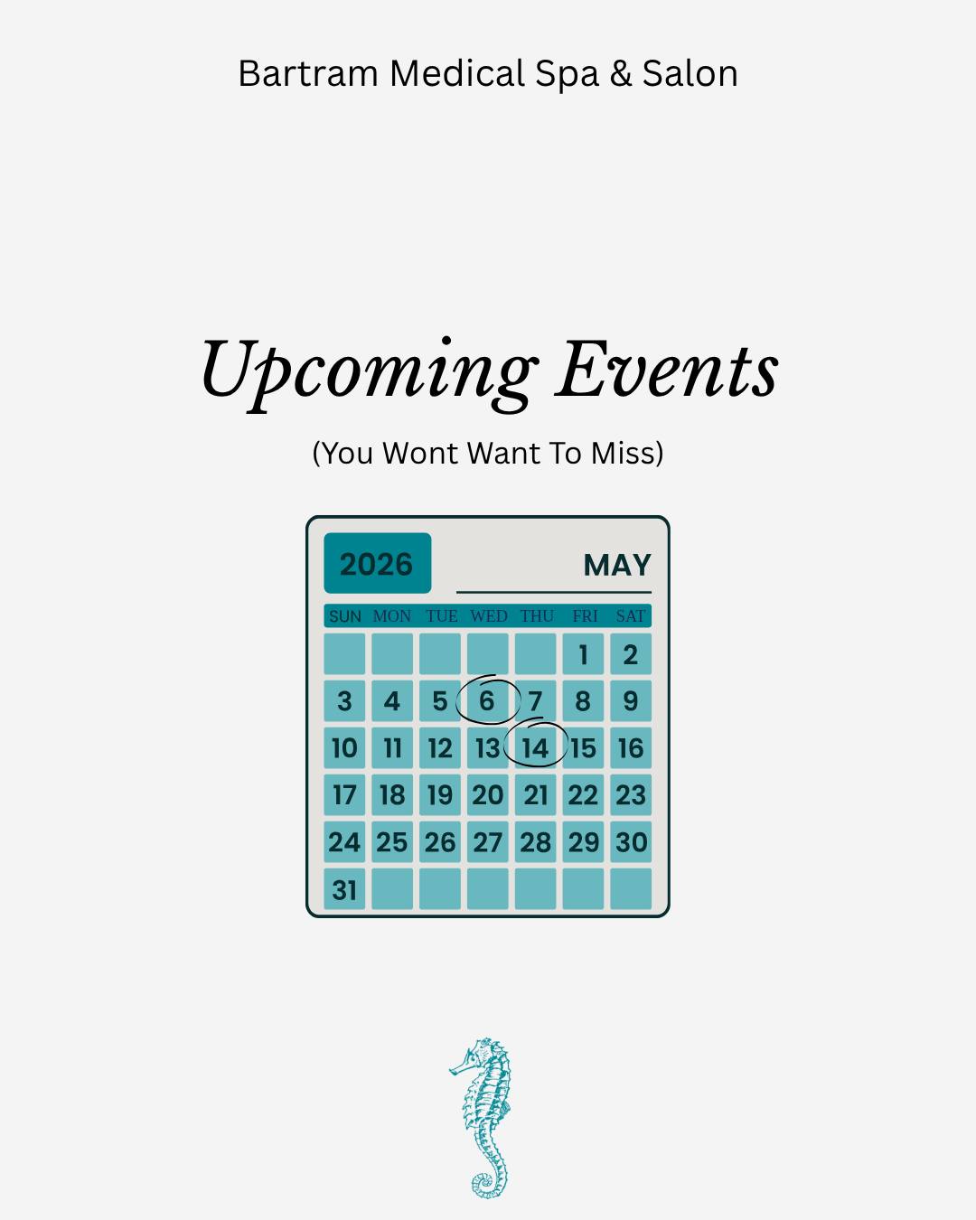 Join us for two special events at Bartram Med Spa & Salon this May!
May 6 | Mother’s Day Celebration
Celebrate the season with exclusive savings on gift cards, Botox, and retail. Allē Mother's Day Gift Cards will be released May 6 at 12 PM EST, with Bartram's Gift Cards available online and in-store from May 6 through Mother’s Day. A perfect way to treat someone special—or yourself!
May 14 | Beauty & Wellness Event
An elevated evening dedicated to your well-being. Dr. Michelle Anderson, our Medical Director, will be joined by gynecology expert Dr. Suny Caminero for an informative discussion on women's hormone health, menopause, and more. Guests will also have access to specially priced beauty and wellness packages available only during the event.
Mark your calendar and plan to join us. These are experiences you won’t want to miss!
#BartramMedSpaandSalon #MothersDaySpecials #MayEvents #BeautyandWellness #WomensHealth
