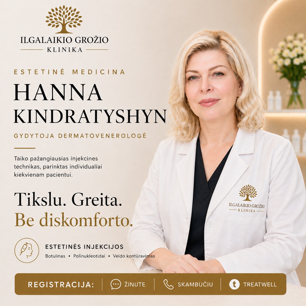Estetinėje medicinoje svarbiausia – tikslumas, saikas ir individualus požiūris.
Hanna Kindratyshyn – gydytoja dermatovenerologė, kurios darbe derinamas profesionalumas, patirtis ir nuoseklus tobulėjimas. Ji nuolat gilina žinias estetinės medicinos srityje ir taiko pažangias injekcines technikas, parinktas pagal kiekvieno paciento poreikius.
Didelis dėmesys skiriamas ne tik rezultatui, bet ir pačiai procedūros eigai – kad ji būtų kuo komfortiškesnė ir sklandesnė.
Pacientės dažnai pastebi, kad procedūros atliekamos greitai ir tiksliai, o rezultatas atrodo natūraliai ir harmoningai.
💬 „Procedūra praėjo labai ramiai ir greitai.“
💬 „Rezultatas subtilus, būtent toks, kokio norėjosi.“
💬 „Jaučiausi užtikrintai ir saugiai viso vizito metu.“
Gydytoja Hanna dirba su įvairiomis estetinėmis injekcijomis – atlieka botulino, polinukleotidų, veido kontūravimo procedūras, taip pat konsultuoja ir parenka individualius sprendimus, atsižvelgdama į odos būklę bei lūkesčius.
📅 Artimiausios laisvos vietos:
Gegužės 5 d. • 12 d. • 19 d. • 21 d.
👉 Registracija:
žinute, skambučiu arba per Treatwell
📍Savanorių pr. 139, Kaunas
Ilgalaikio grožio klinika
+37067014491