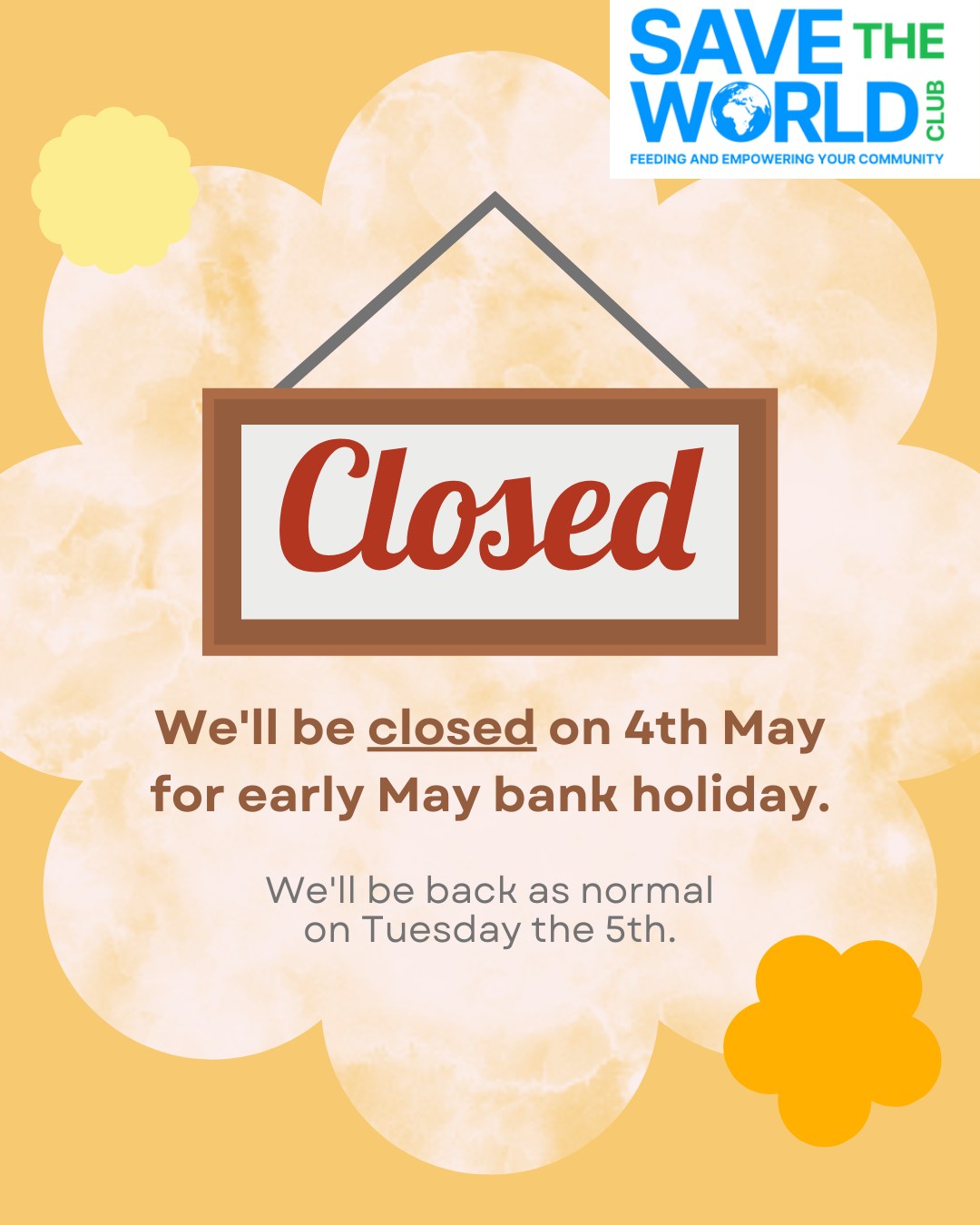 Just a quick reminder 🚨@savetheworldclubcharity will be closed this coming Monday🚨 Business will be back as usual on Tuesday 5th May.
Thank you for your understanding.
#community #kingstonuponthames #kingston #surbiton #tolworth #newmalden #chessington #environment #environmental #charity #charityshop