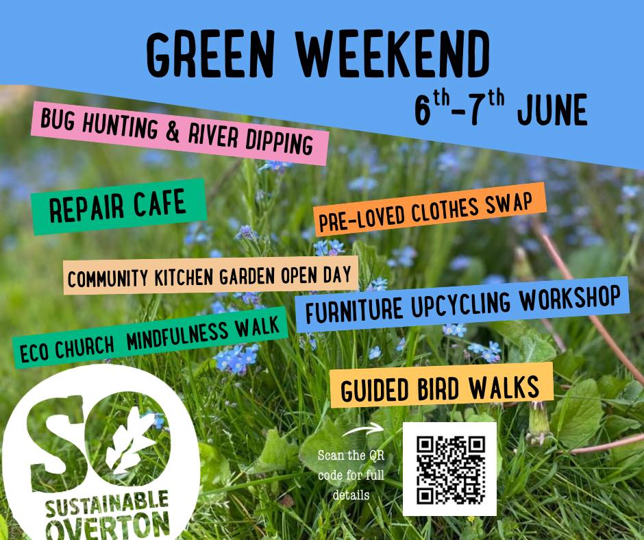 Join us for this year’s 💚Green Weekend💚- we have various events running in the village on Saturday 6th and Sunday 7th June
From river dipping to clothes swapping, from taking part in our art competition to furniture upcycling, there’s something for everyone!
See our website for full details https://www.sustainableoverton.org.uk/greenweek
#GreenWeek #localcommunity