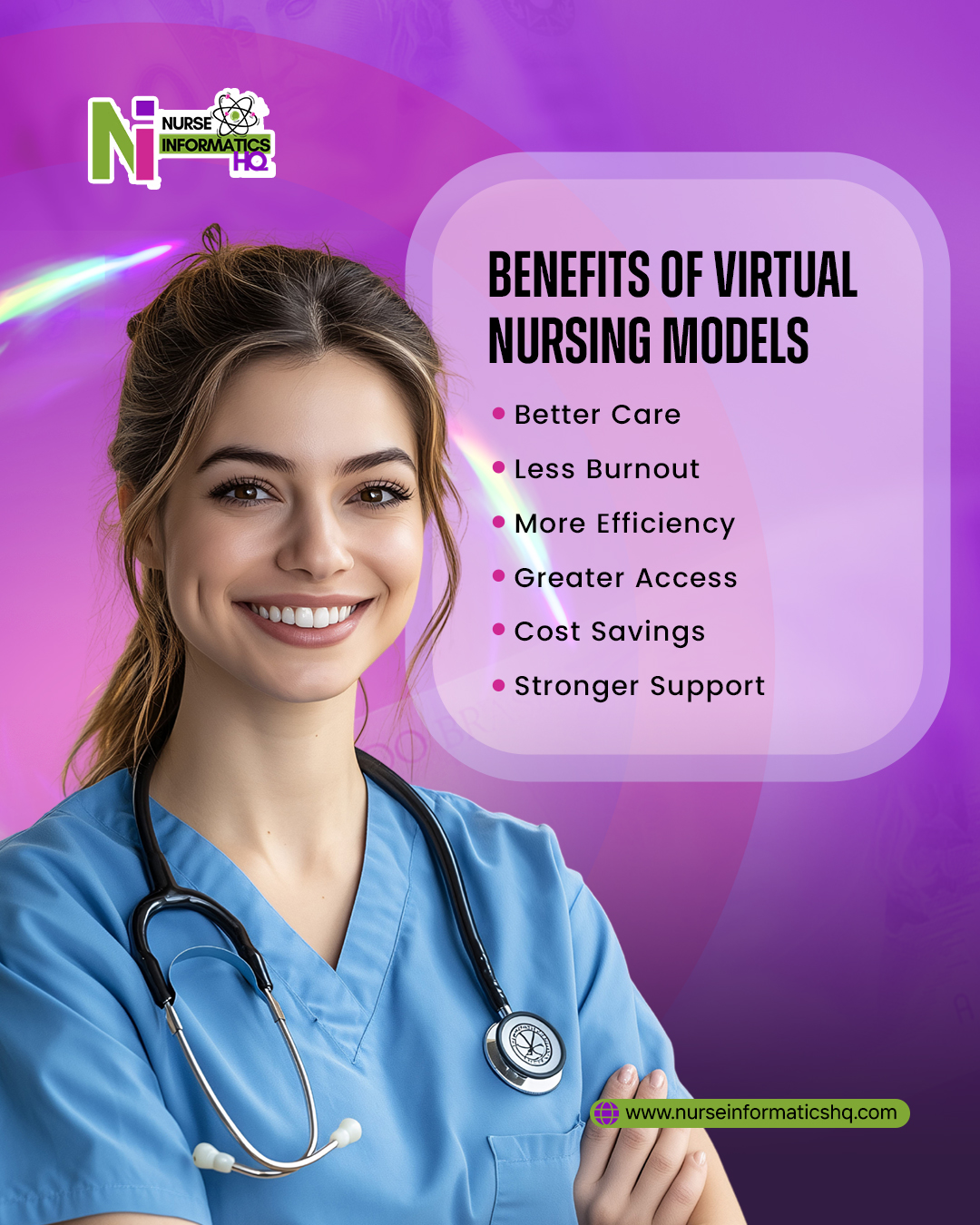 BENEFITS OF VIRTUAL NURSING MODELS 💻🏥
• Better Care
• Less Burnout
• More Efficiency
• Greater Access
• Cost Savings
• Stronger Support
Virtual nursing is reshaping healthcare delivery—supporting clinicians while improving patient outcomes through smarter, more connected care models.
Explore more:
www.nurseinformaticshq.com
#VirtualNursing #NursingInformatics #HealthcareInnovation #DigitalHealth #PatientCare #HealthcareEfficiency #Nursing #FutureOfHealthcare #HealthTech #CareTransformation